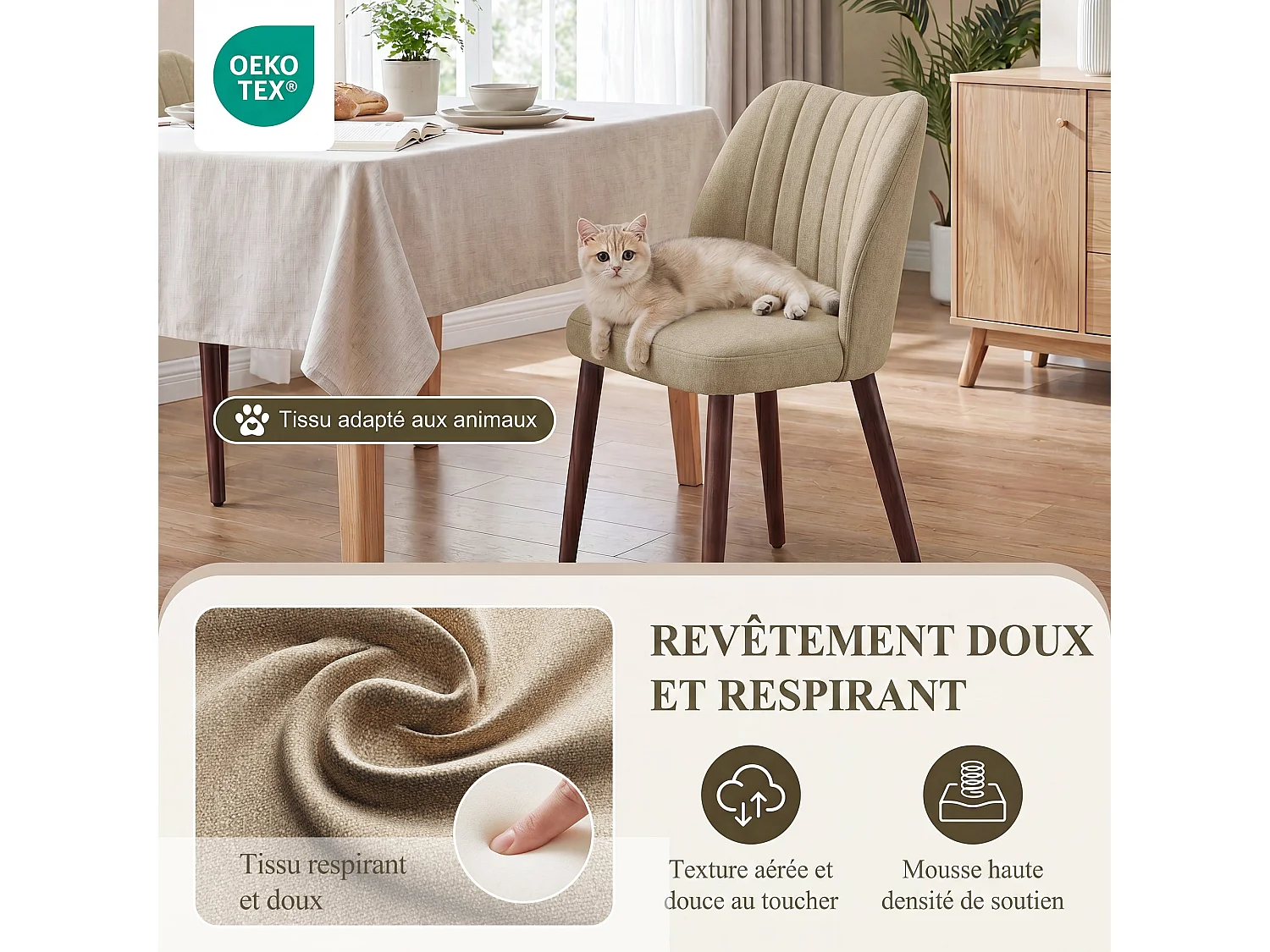 Set van 2 gestoffeerde eetkamerstoelen, dik zitkussen en antislipvoetjes, Camel