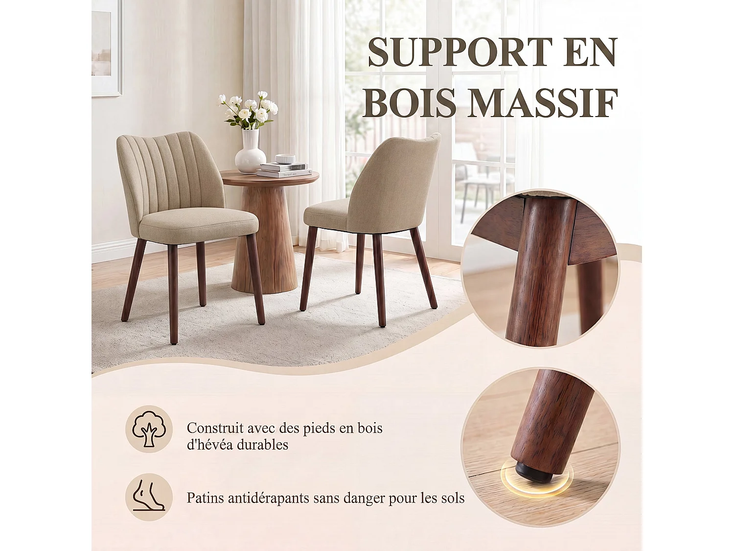 Set van 2 gestoffeerde eetkamerstoelen, dik zitkussen en antislipvoetjes, Camel