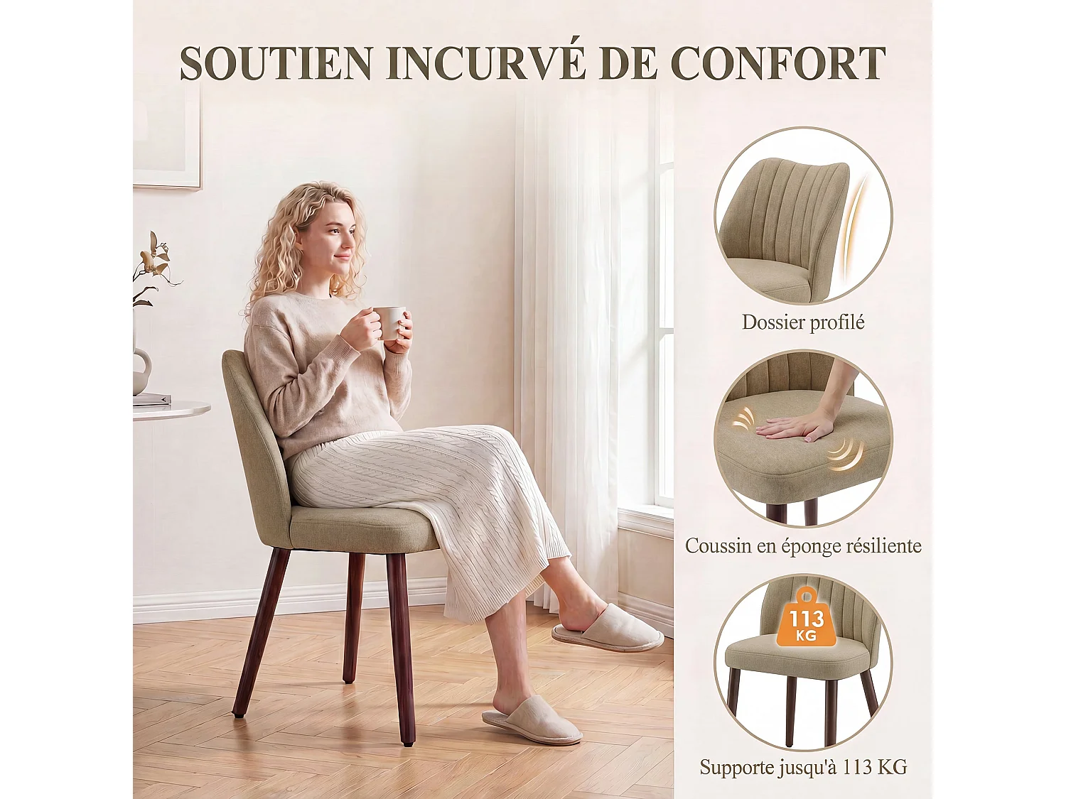 Set van 2 gestoffeerde eetkamerstoelen, dik zitkussen en antislipvoetjes, Camel