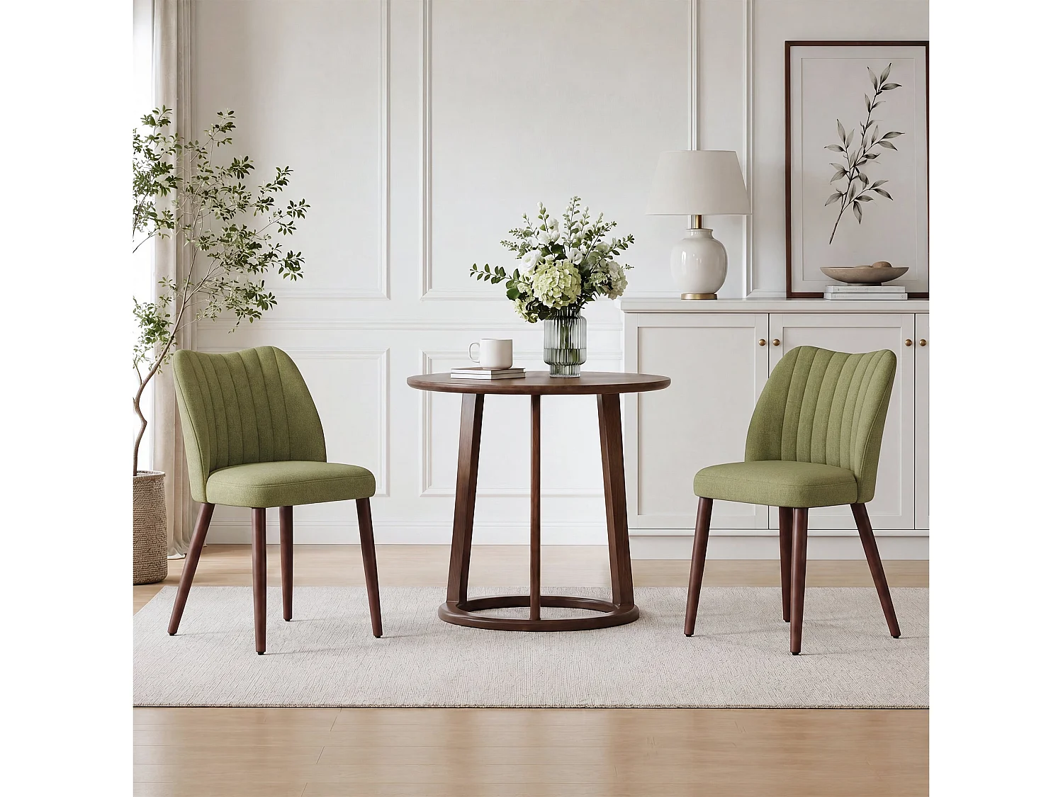 Set van 2 gestoffeerde eetkamerstoelen, dik zitkussen en antislipvoetjes, Groen