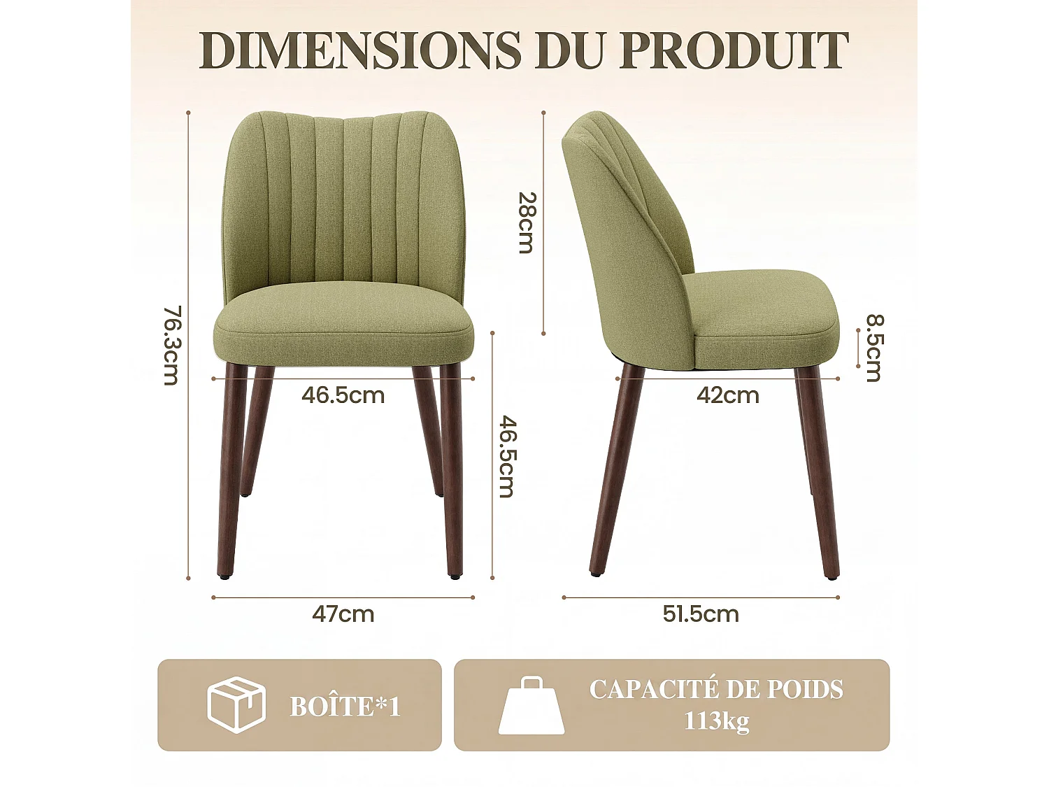 Set van 2 gestoffeerde eetkamerstoelen, dik zitkussen en antislipvoetjes, Groen