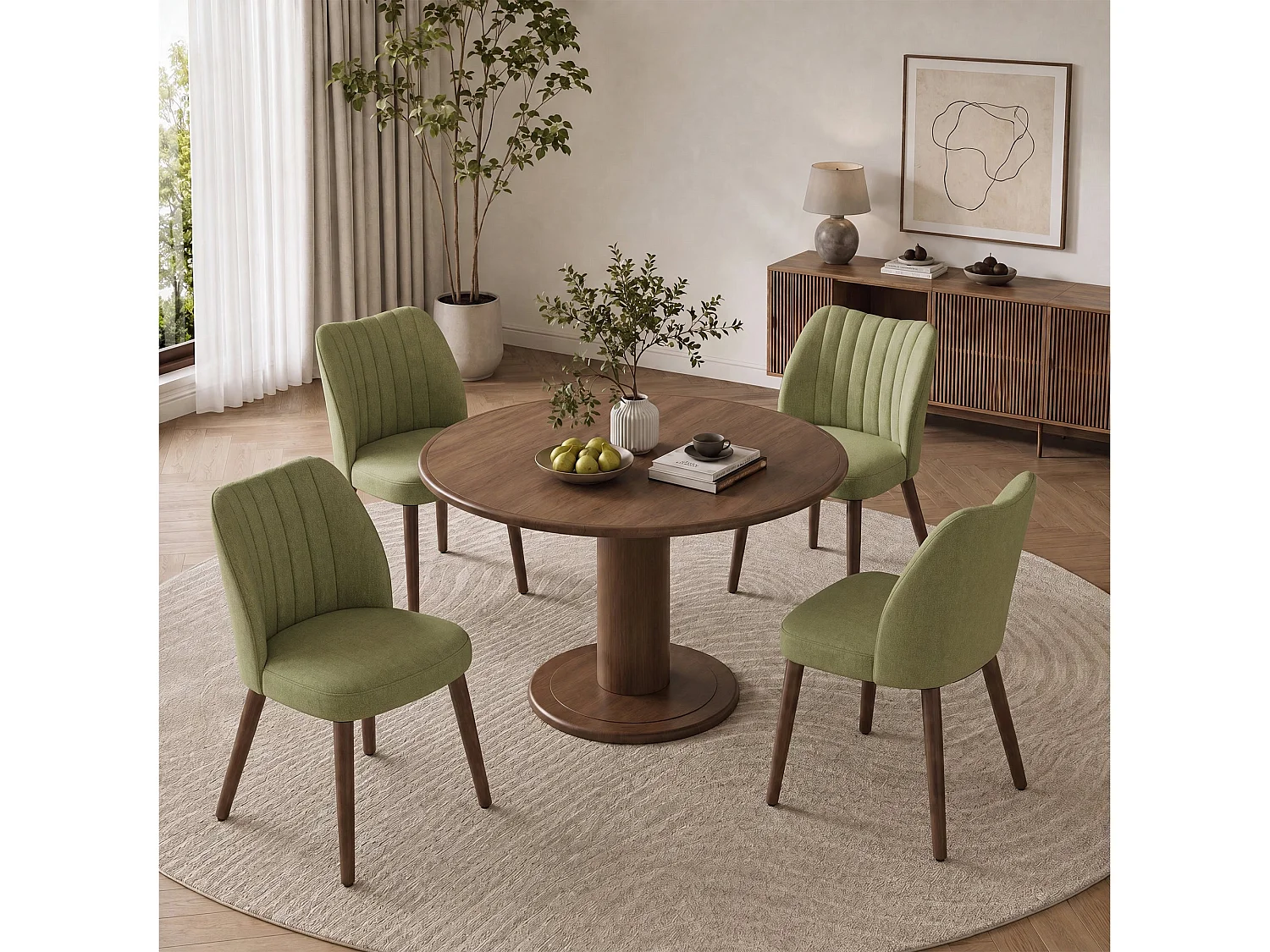 Set van 2 gestoffeerde eetkamerstoelen, dik zitkussen en antislipvoetjes, Groen