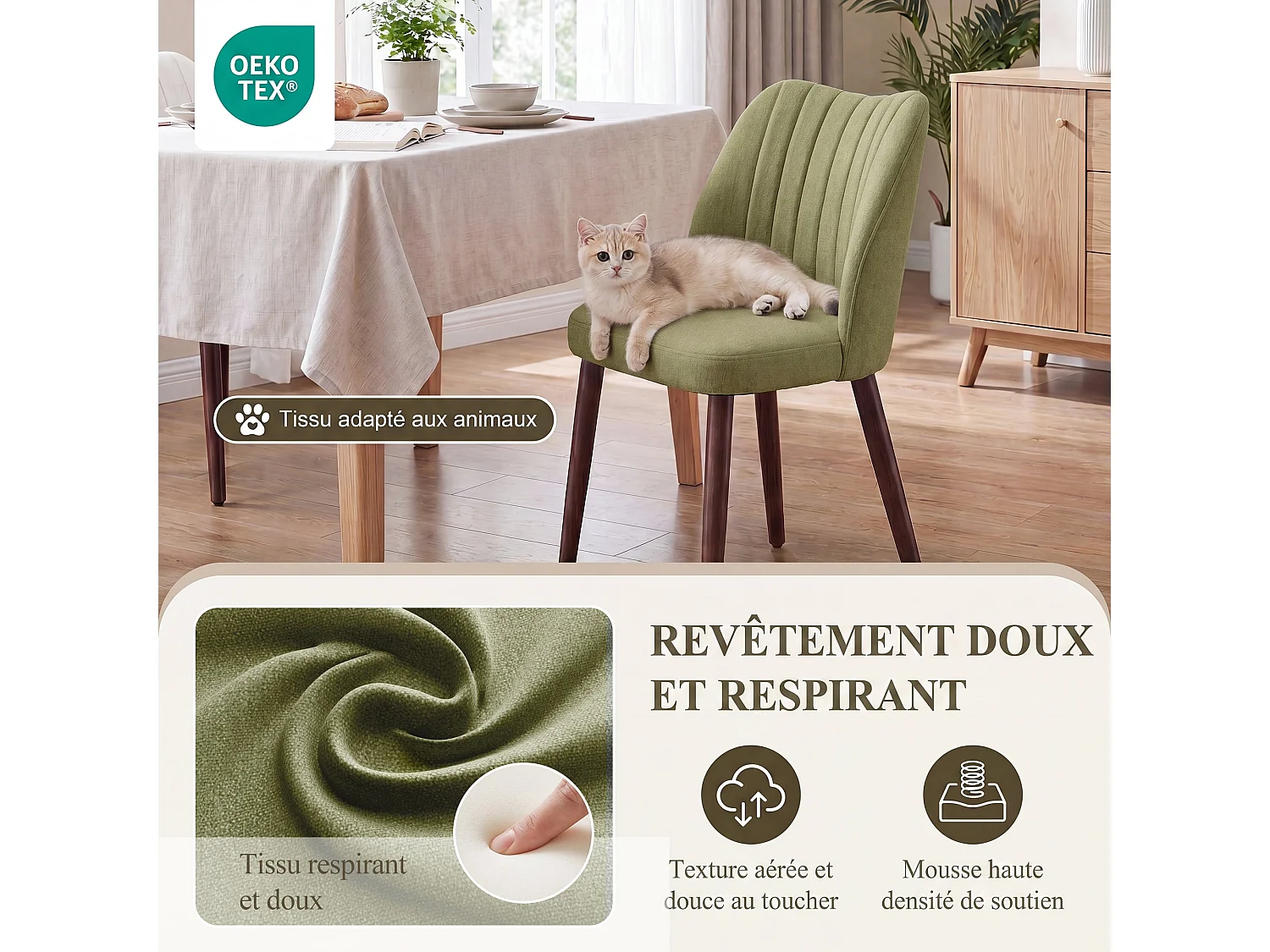 Set van 2 gestoffeerde eetkamerstoelen, dik zitkussen en antislipvoetjes, Groen