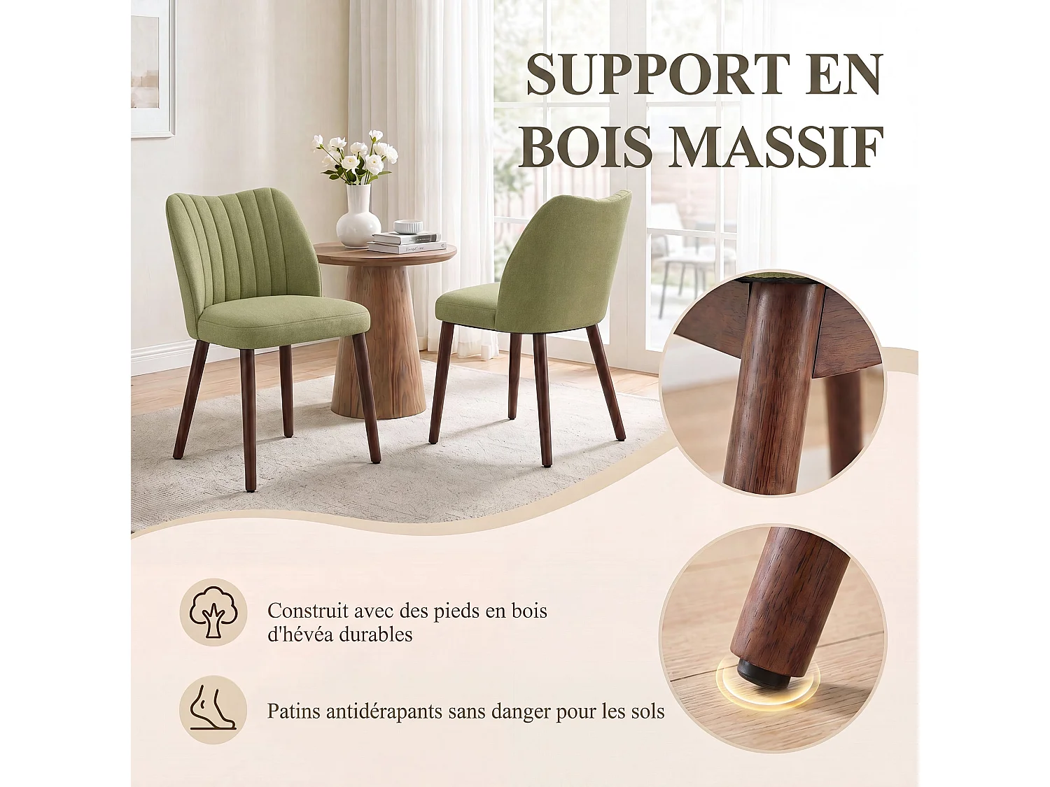 Set van 2 gestoffeerde eetkamerstoelen, dik zitkussen en antislipvoetjes, Groen