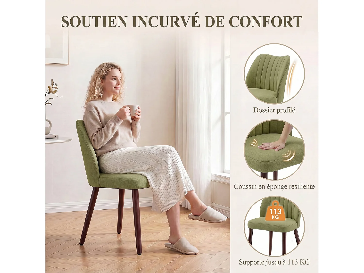 Set van 2 gestoffeerde eetkamerstoelen, dik zitkussen en antislipvoetjes, Groen