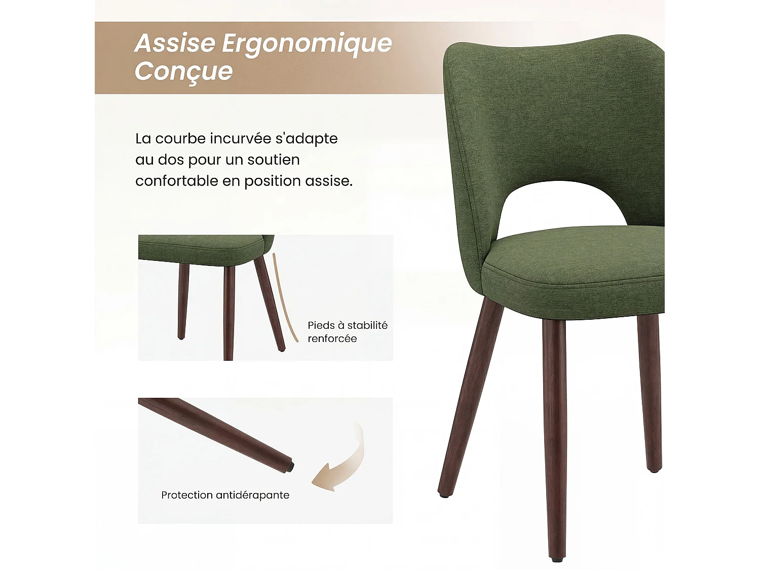 Set van 2 stoffen eetkamerstoelen met gebogen open rugleuning, dikke gevoerde zitting, massief houten poten, groen
