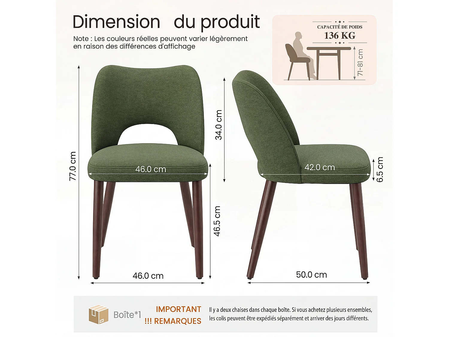 Set van 2 stoffen eetkamerstoelen met gebogen open rugleuning, dikke gevoerde zitting, massief houten poten, groen