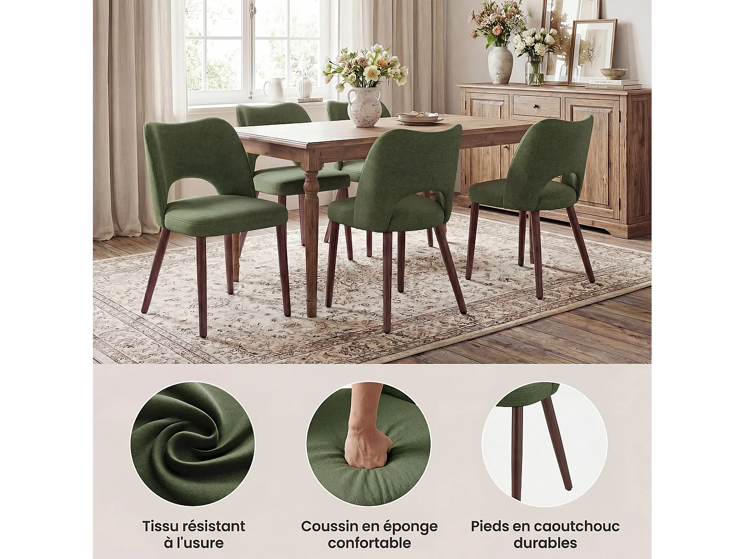 Set van 2 stoffen eetkamerstoelen met gebogen open rugleuning, dikke gevoerde zitting, massief houten poten, groen