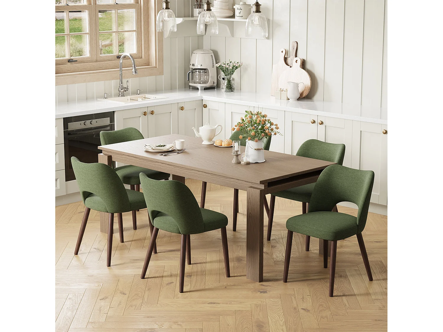 Set van 2 stoffen eetkamerstoelen met gebogen open rugleuning, dikke gevoerde zitting, massief houten poten, groen