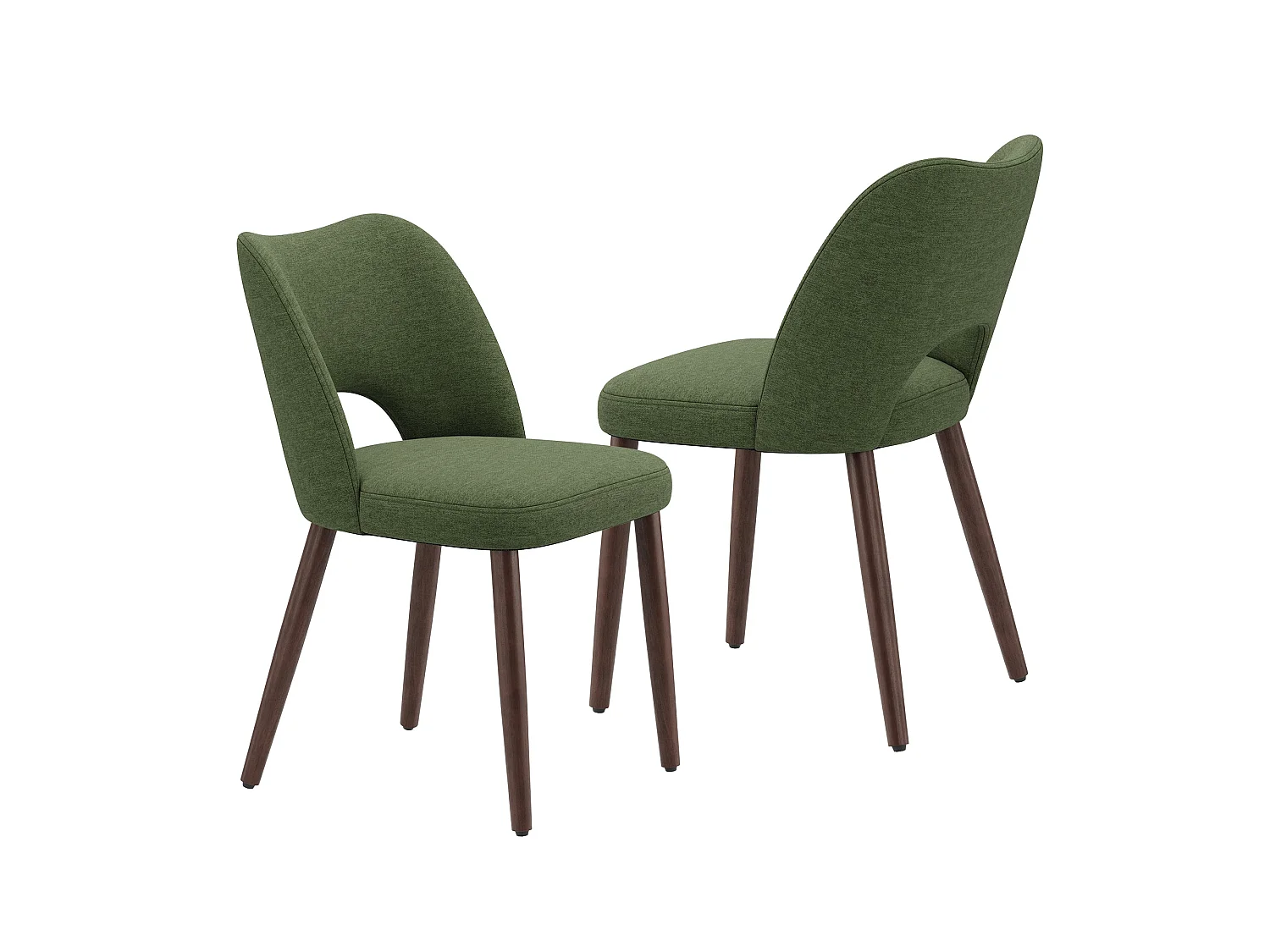 Set van 2 stoffen eetkamerstoelen met gebogen open rugleuning, dikke gevoerde zitting, massief houten poten, groen