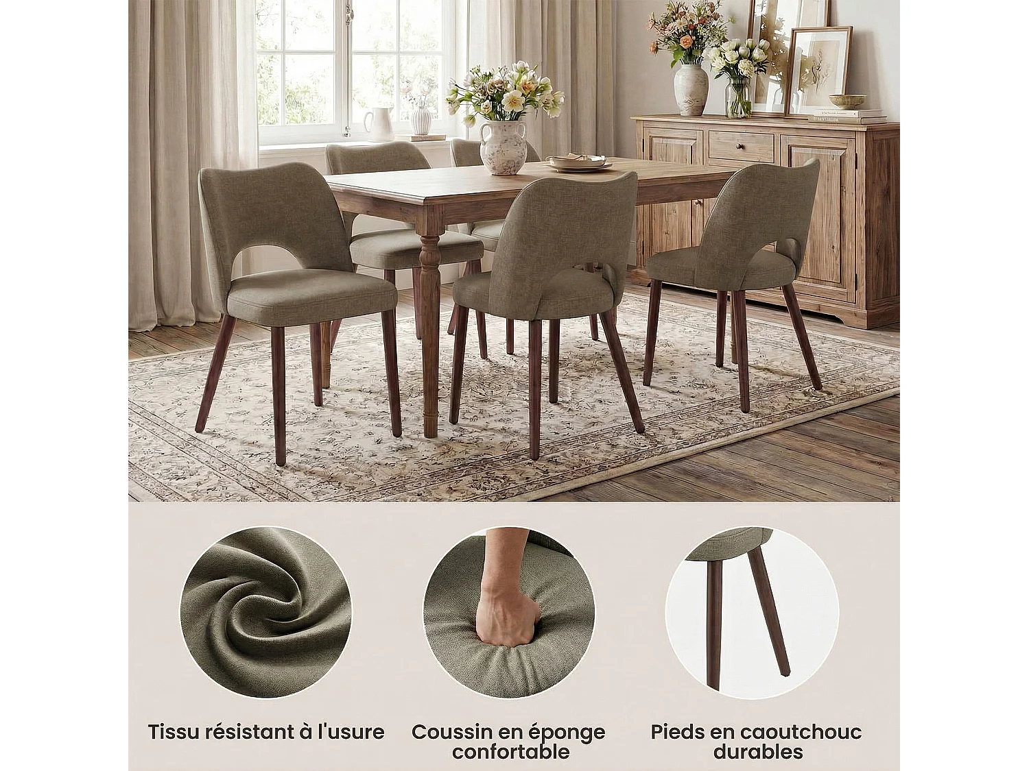Set van 2 stoffen eetkamerstoelen met gebogen open rugleuning, dikke gevoerde zitting, massief houten poten, donkerbruin