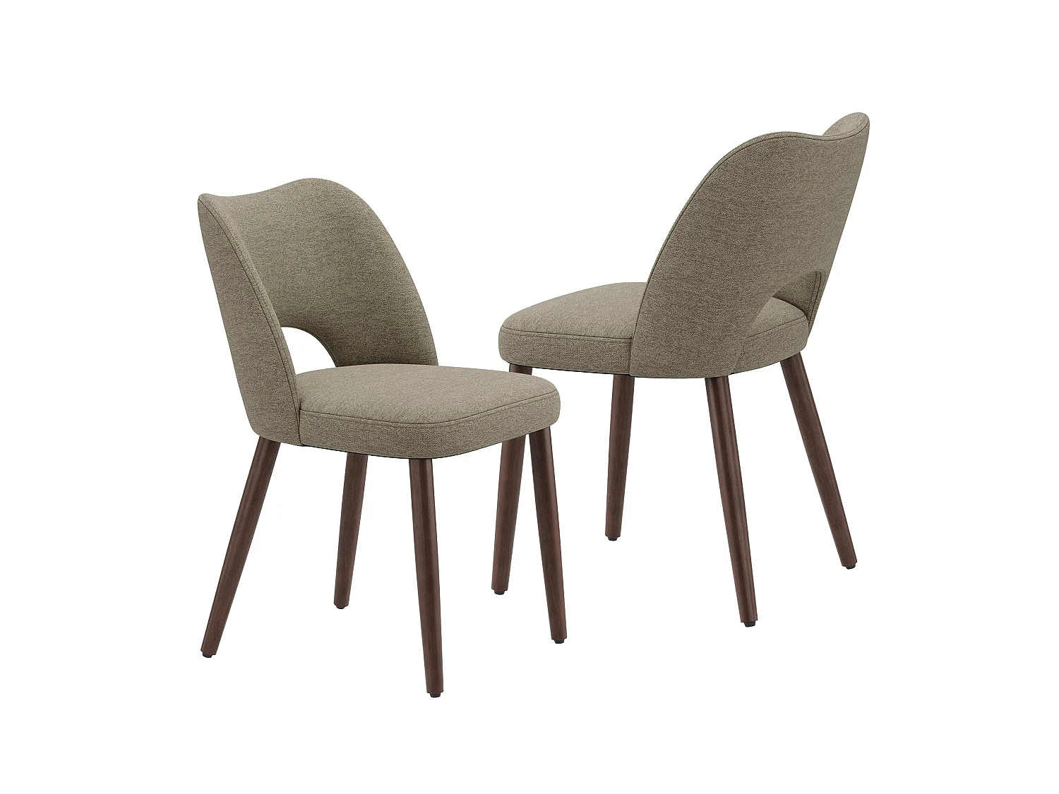 Set van 2 stoffen eetkamerstoelen met gebogen open rugleuning, dikke gevoerde zitting, massief houten poten, donkerbruin