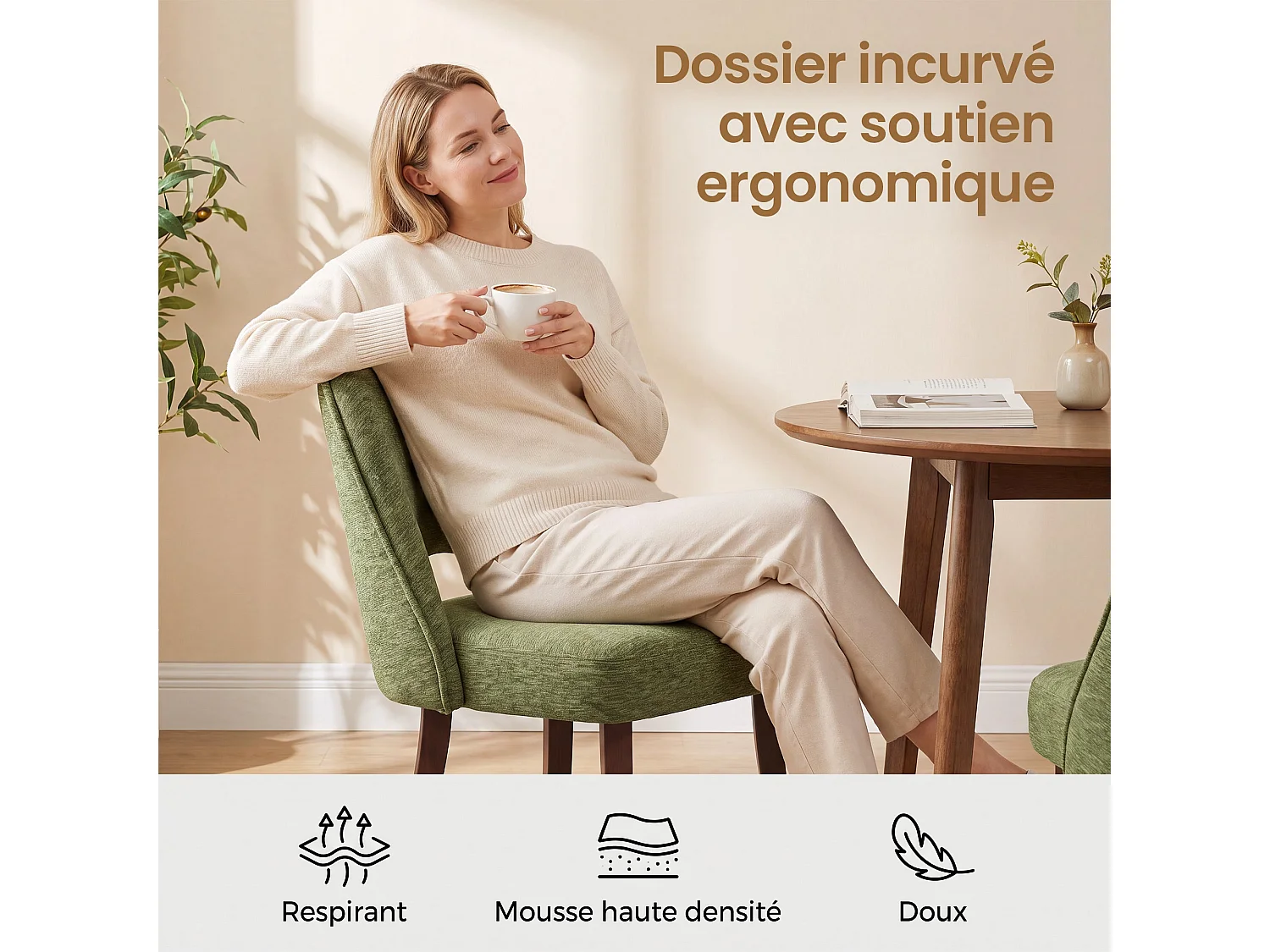 Lot de 2 Chaises de Salle à Manger avec Pieds en Bois Massif, Assise Rembourrée et Dossier Ergonomique Courbé, Vert