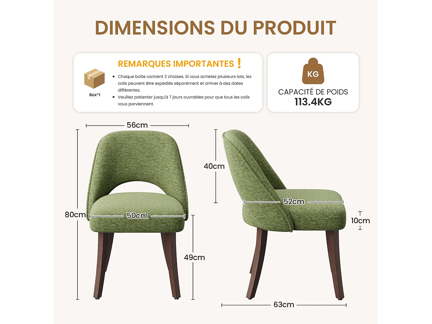 Lot de 2 Chaises de Salle à Manger avec Pieds en Bois Massif, Assise Rembourrée et Dossier Ergonomique Courbé, Vert