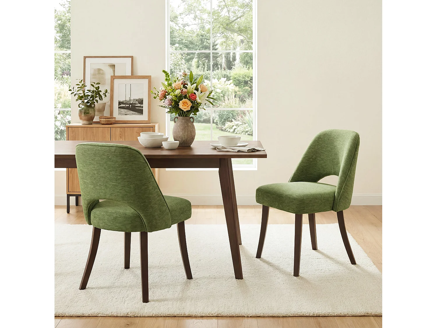 Lot de 2 Chaises de Salle à Manger avec Pieds en Bois Massif, Assise Rembourrée et Dossier Ergonomique Courbé, Vert
