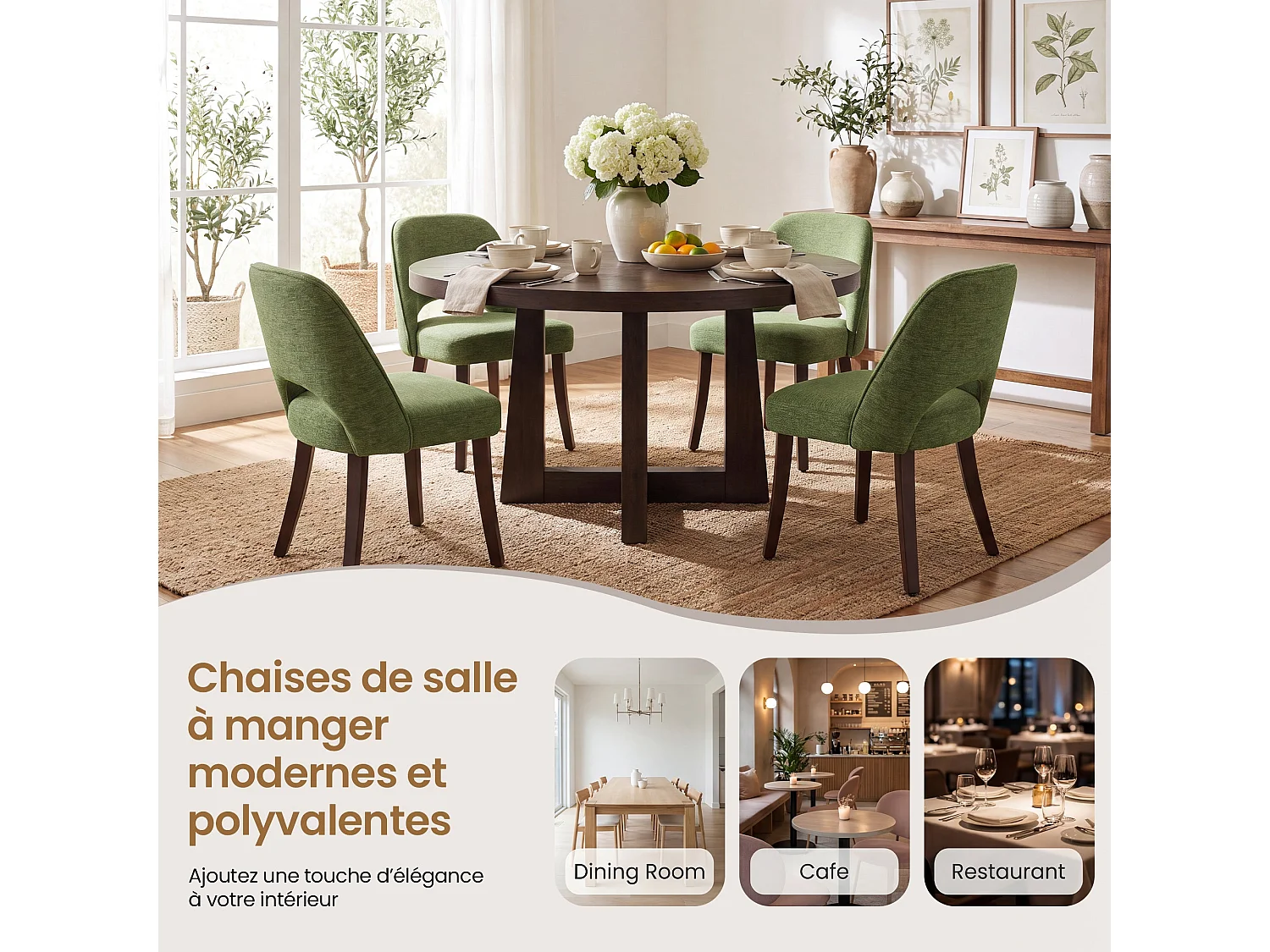 Lot de 2 Chaises de Salle à Manger avec Pieds en Bois Massif, Assise Rembourrée et Dossier Ergonomique Courbé, Vert