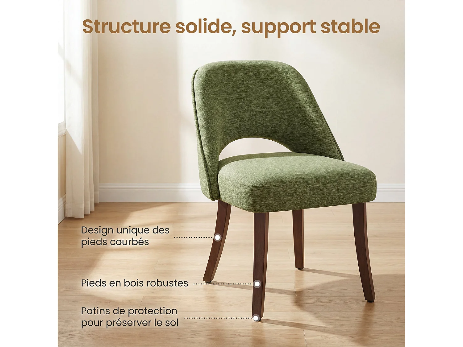 Lot de 2 Chaises de Salle à Manger avec Pieds en Bois Massif, Assise Rembourrée et Dossier Ergonomique Courbé, Vert