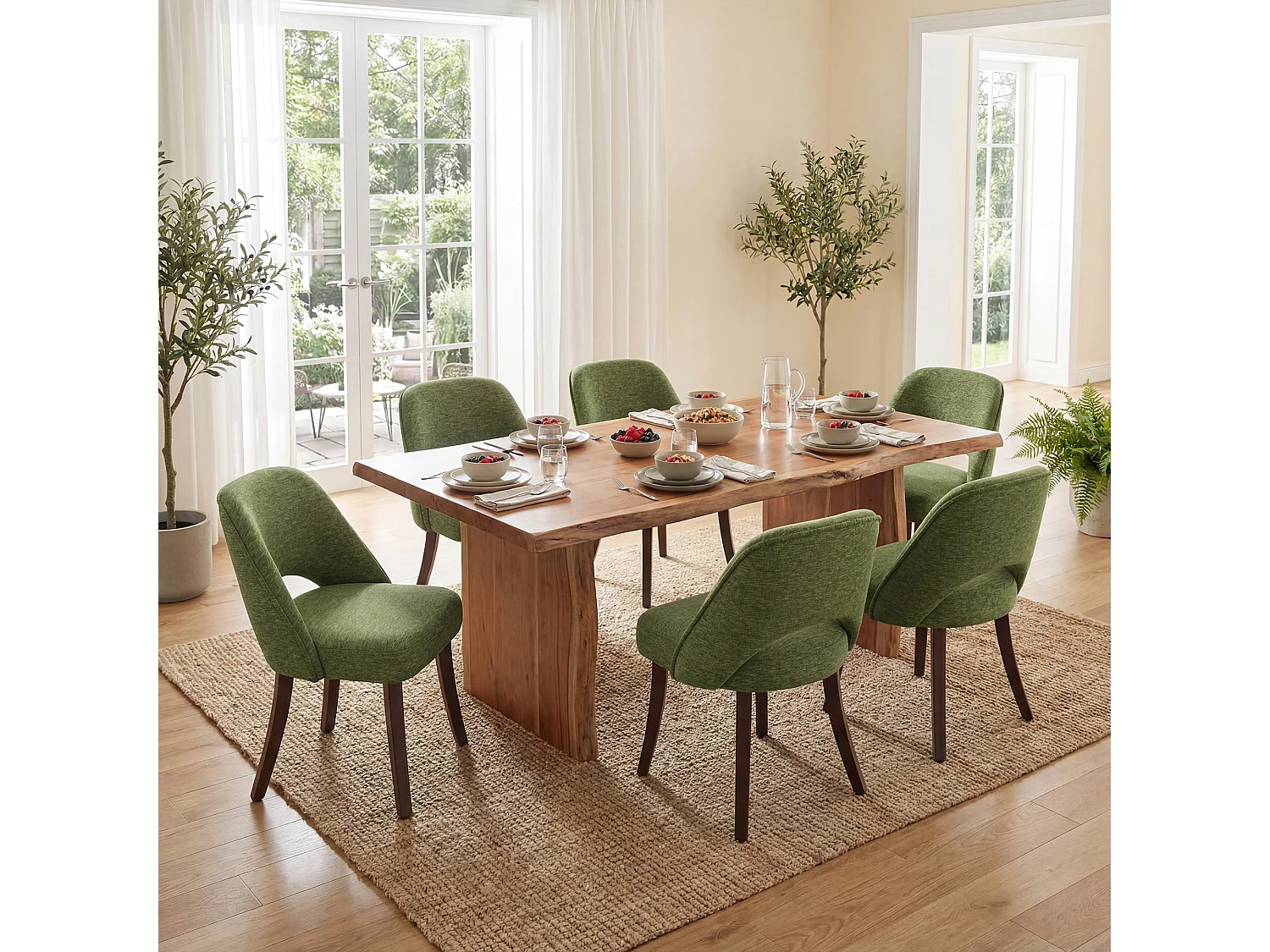 Lot de 2 Chaises de Salle à Manger avec Pieds en Bois Massif, Assise Rembourrée et Dossier Ergonomique Courbé, Vert