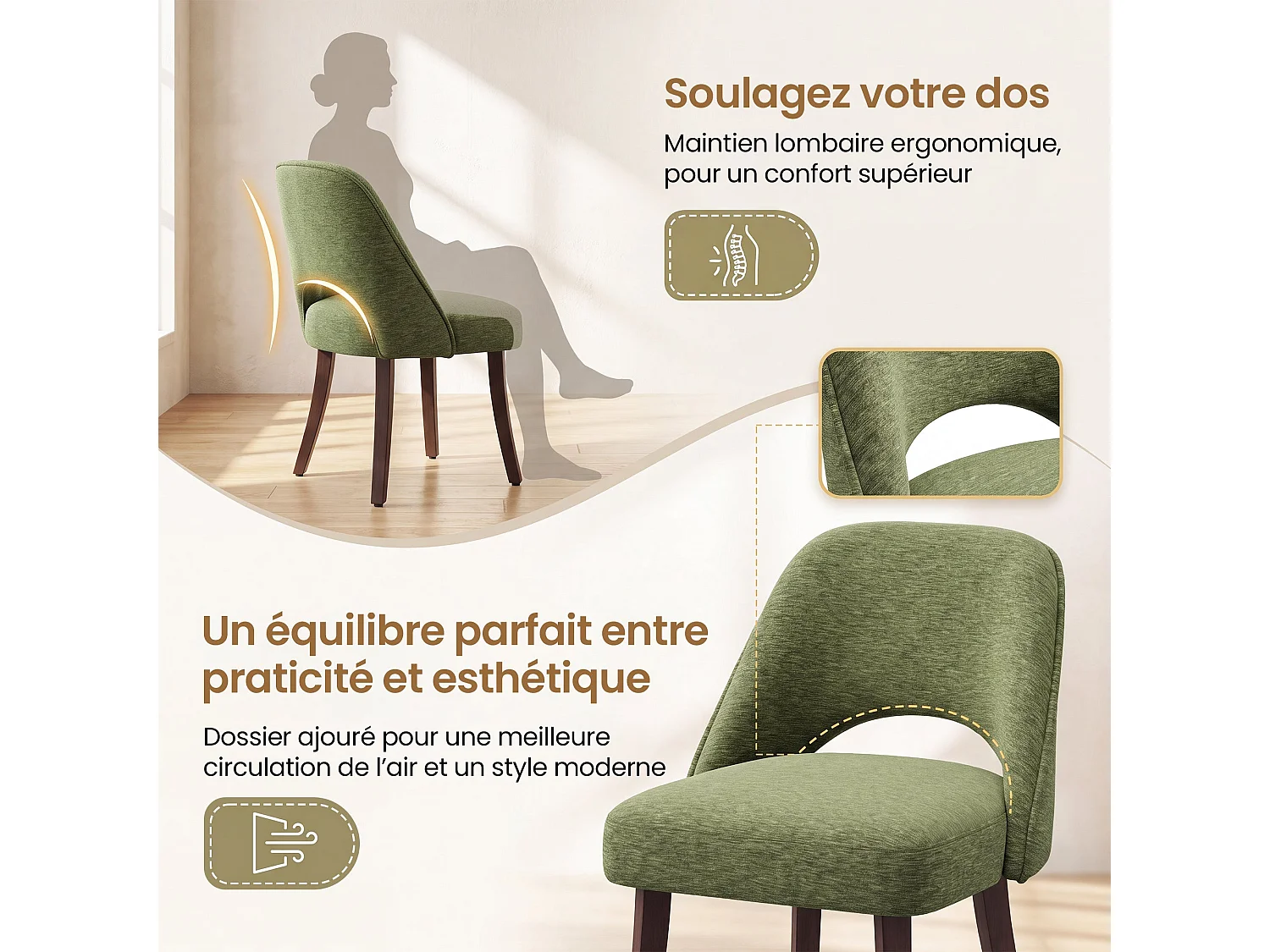Lot de 2 Chaises de Salle à Manger avec Pieds en Bois Massif, Assise Rembourrée et Dossier Ergonomique Courbé, Vert