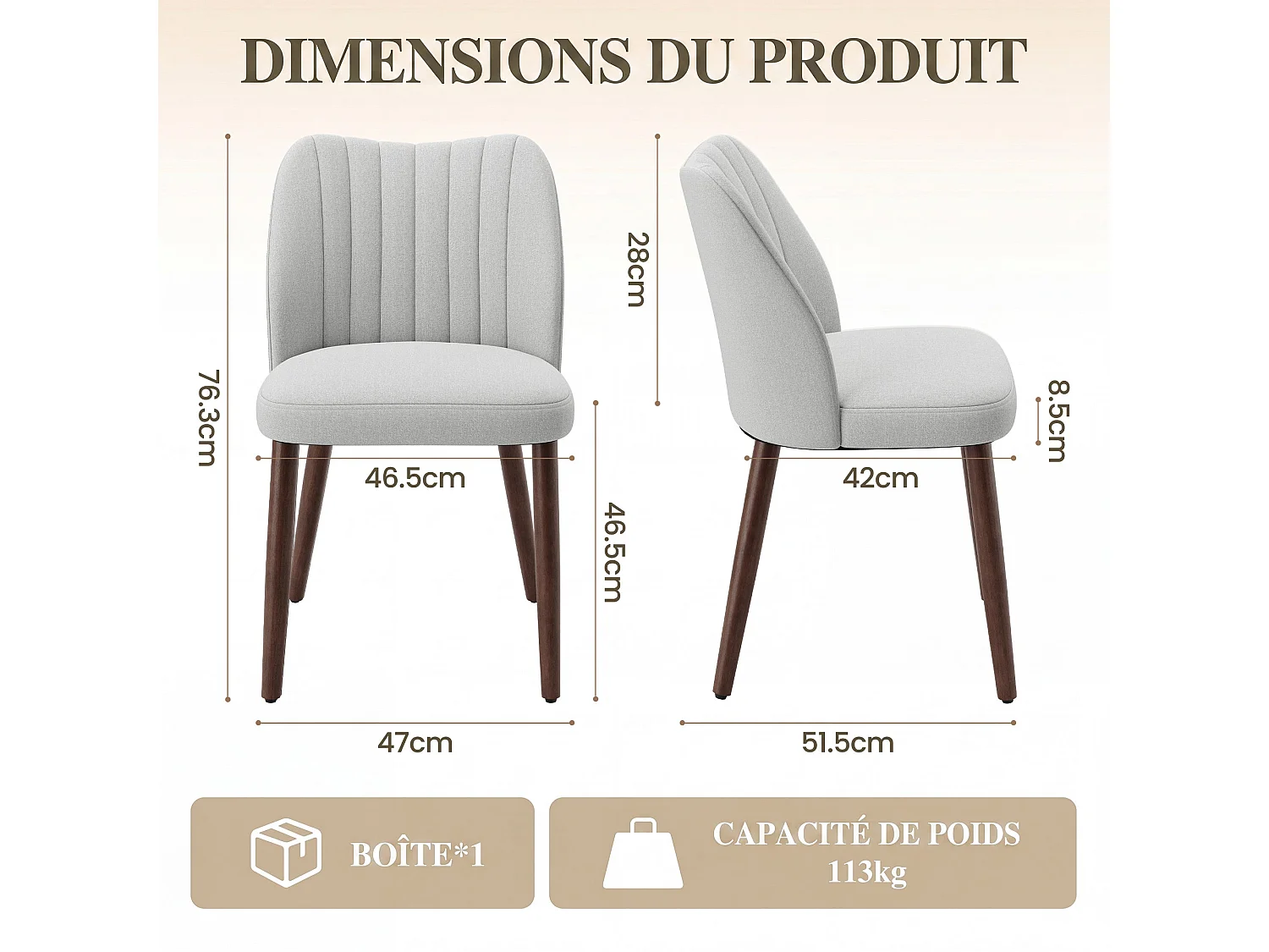 Set van 2 gestoffeerde eetkamerstoelen, dik zitkussen en antislipvoetjes, Lichtgrijs