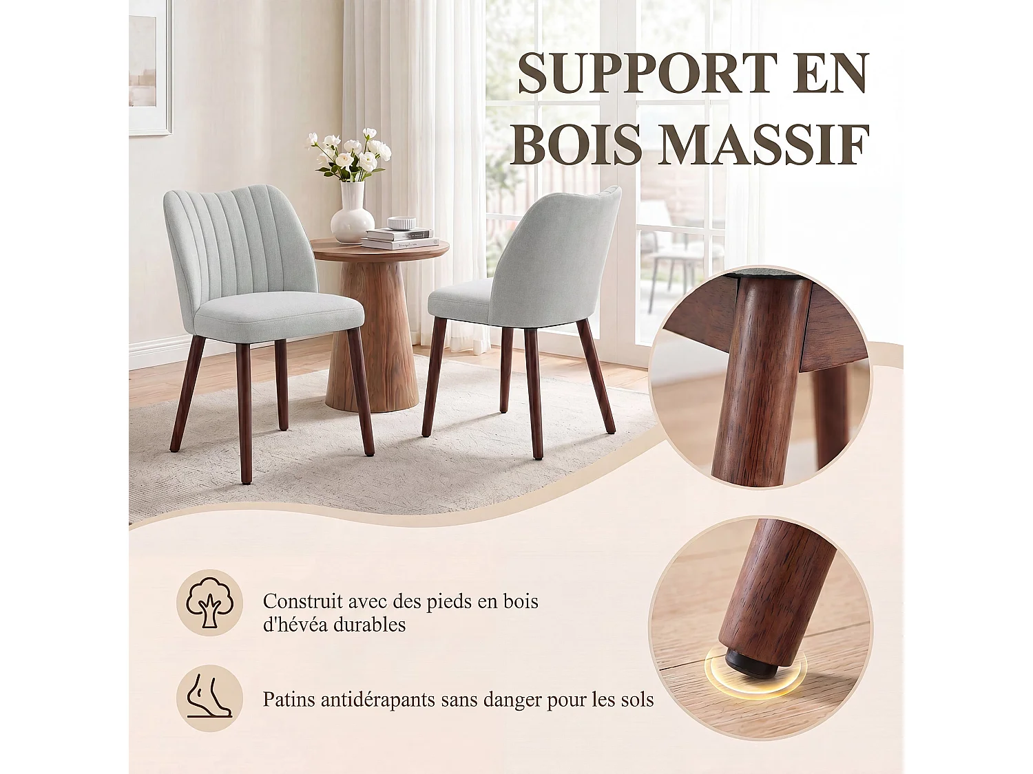 Set van 2 gestoffeerde eetkamerstoelen, dik zitkussen en antislipvoetjes, Lichtgrijs