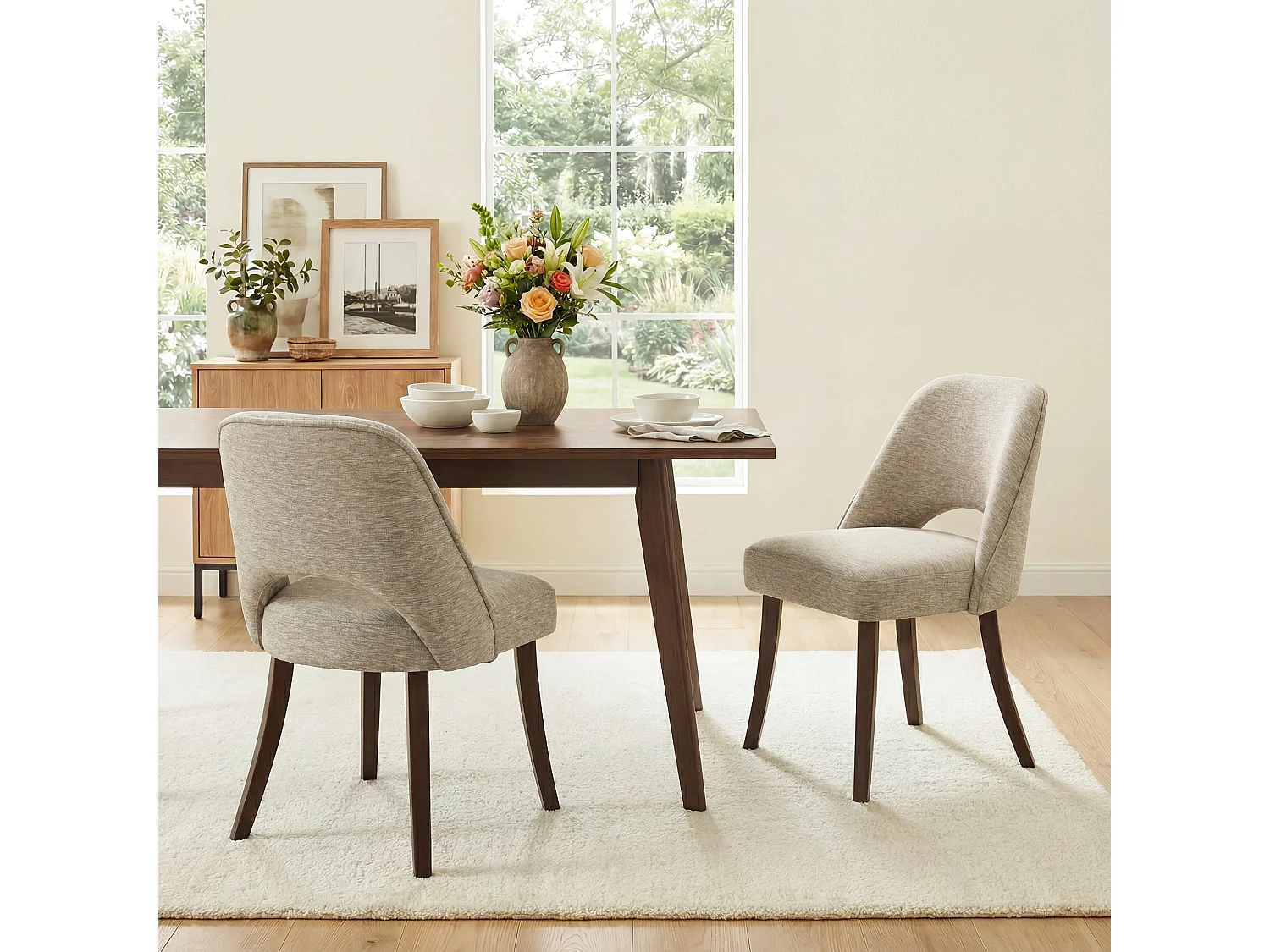 Lot de 2 Chaises de Salle à Manger avec Pieds en Bois Massif, Assise Rembourrée et Dossier Ergonomique Courbé, Kaki
