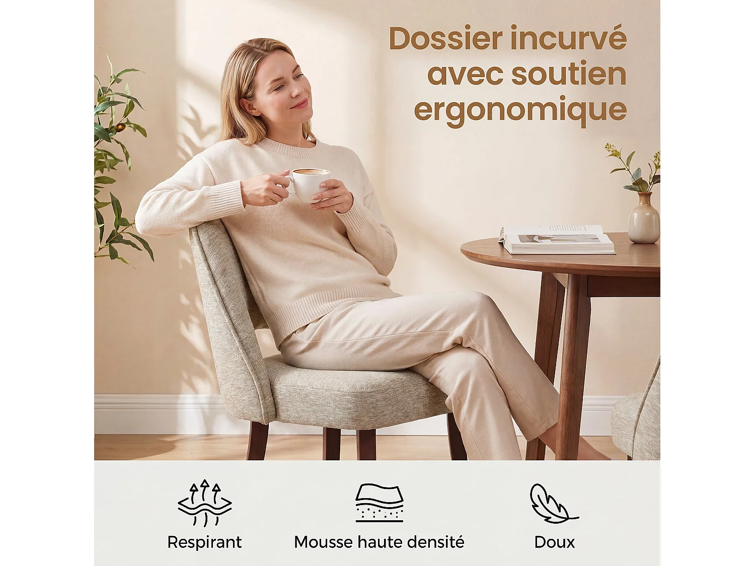 Lot de 2 Chaises de Salle à Manger avec Pieds en Bois Massif, Assise Rembourrée et Dossier Ergonomique Courbé, Kaki