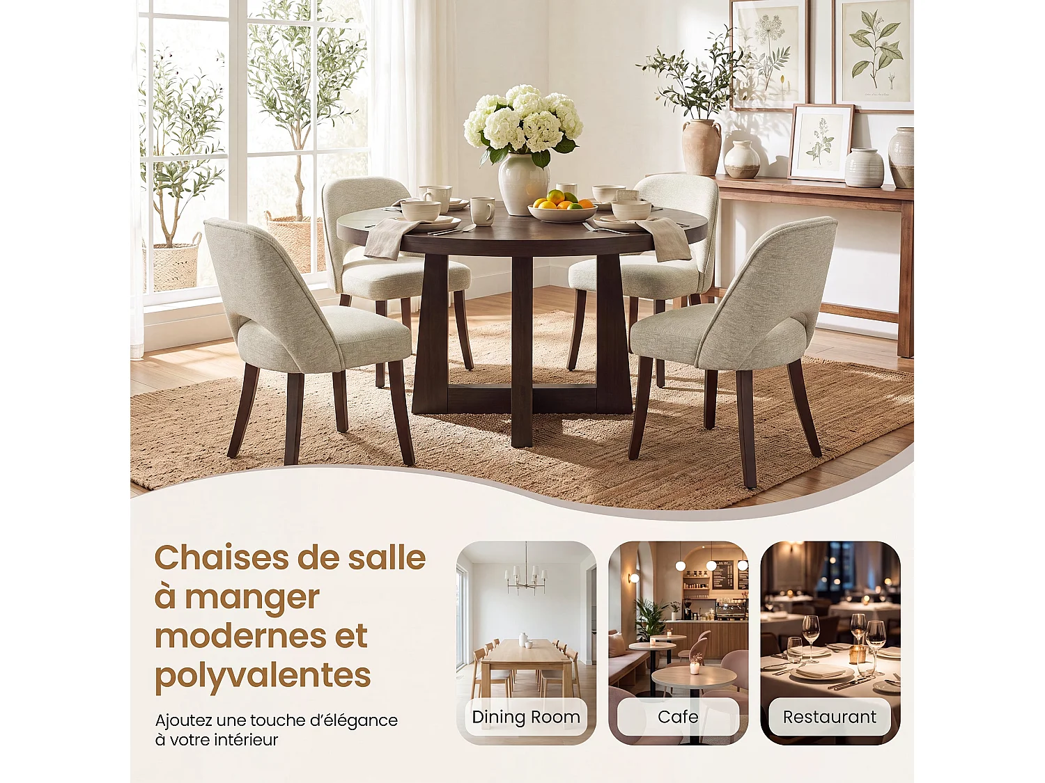 Lot de 2 Chaises de Salle à Manger avec Pieds en Bois Massif, Assise Rembourrée et Dossier Ergonomique Courbé, Kaki