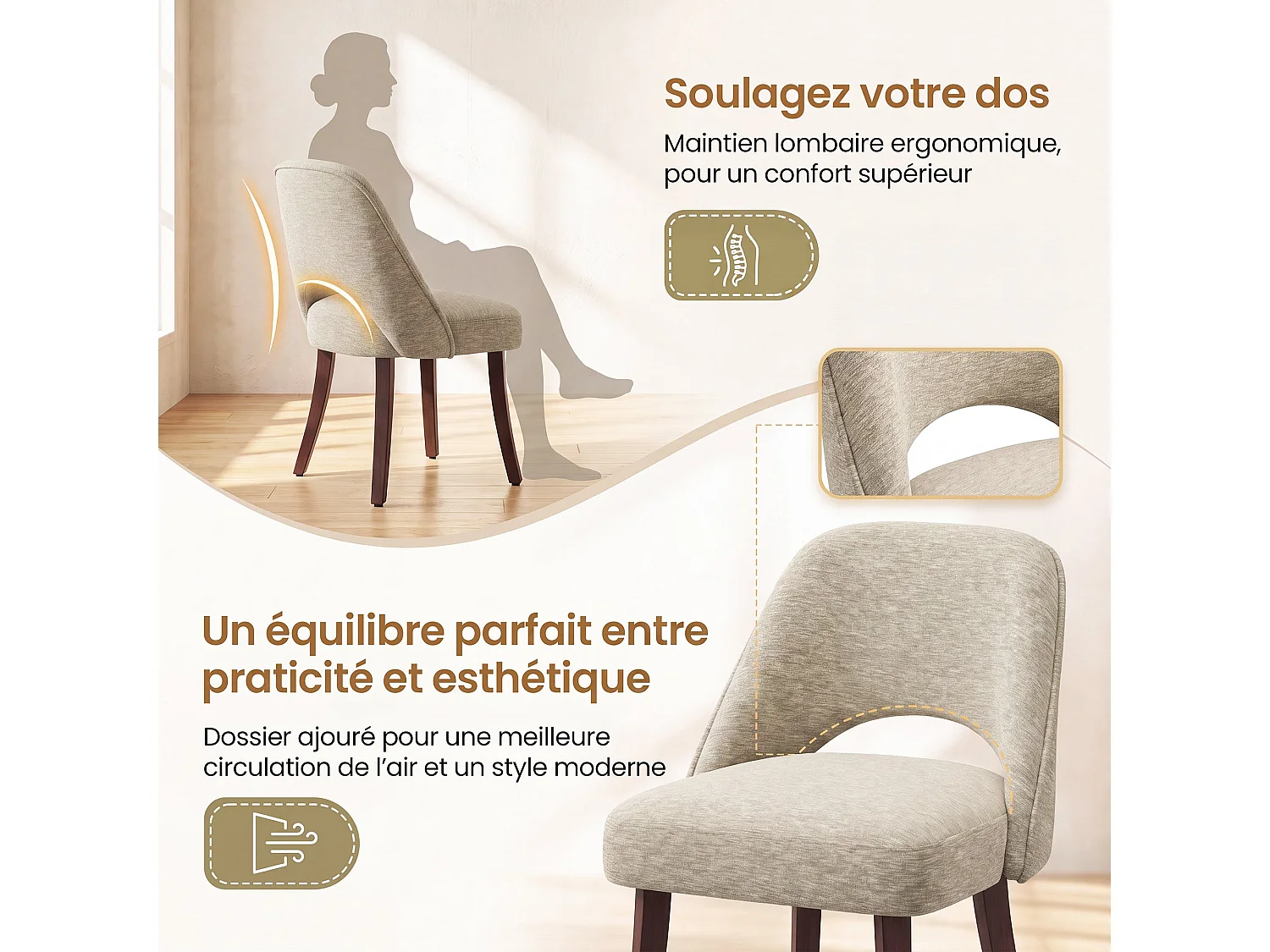 Lot de 2 Chaises de Salle à Manger avec Pieds en Bois Massif, Assise Rembourrée et Dossier Ergonomique Courbé, Kaki