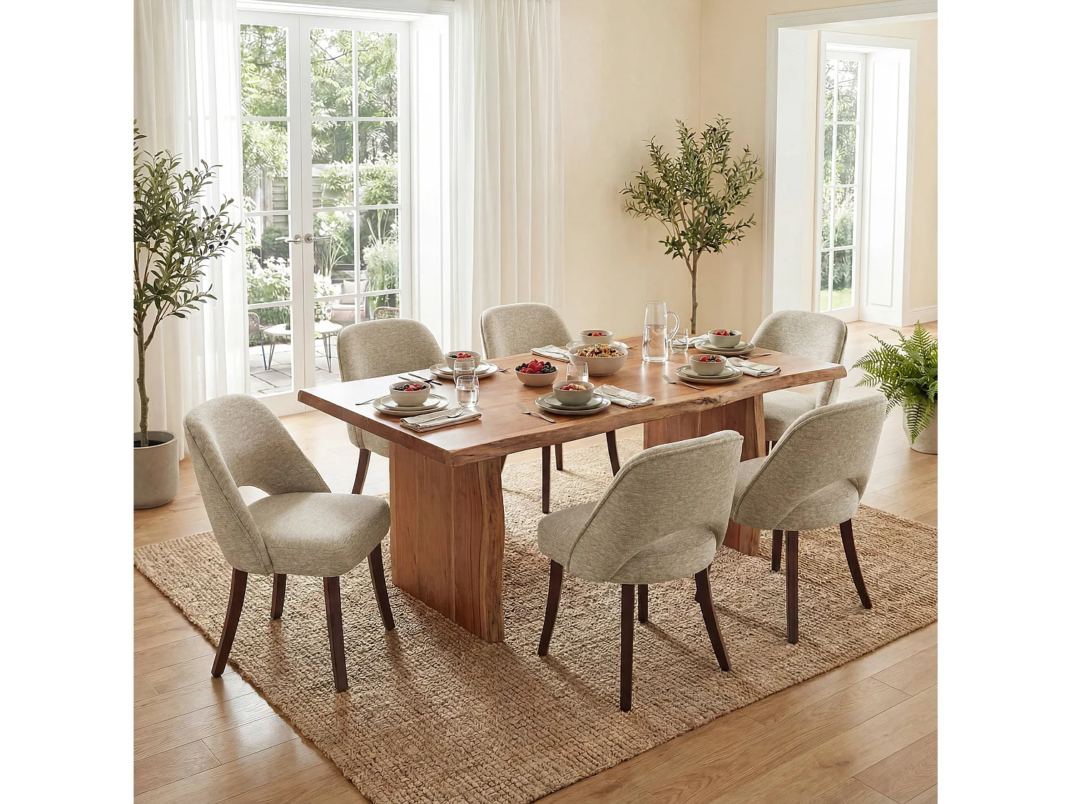 Lot de 2 Chaises de Salle à Manger avec Pieds en Bois Massif, Assise Rembourrée et Dossier Ergonomique Courbé, Kaki