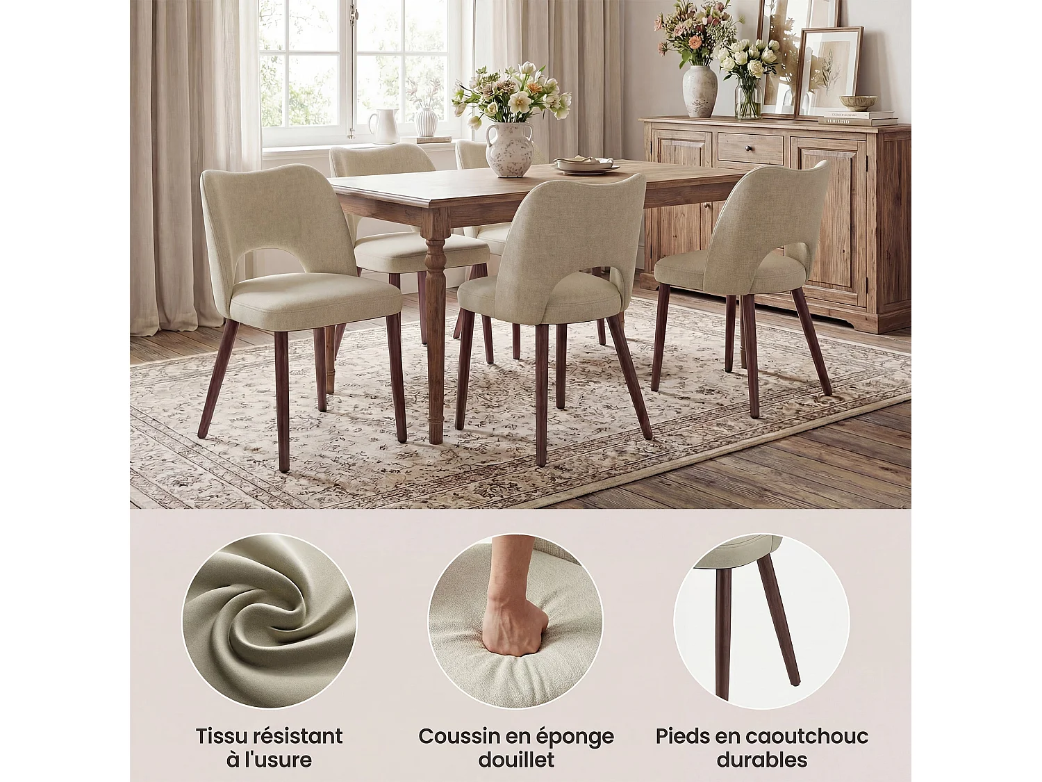Set van 2 stoffen eetkamerstoelen met gebogen open rugleuning, dikke gevoerde zitting, massief houten poten, donkerbeige