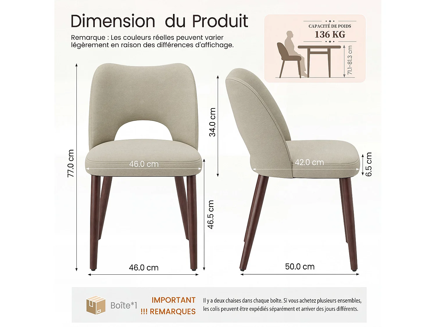 Set van 2 stoffen eetkamerstoelen met gebogen open rugleuning, dikke gevoerde zitting, massief houten poten, donkerbeige