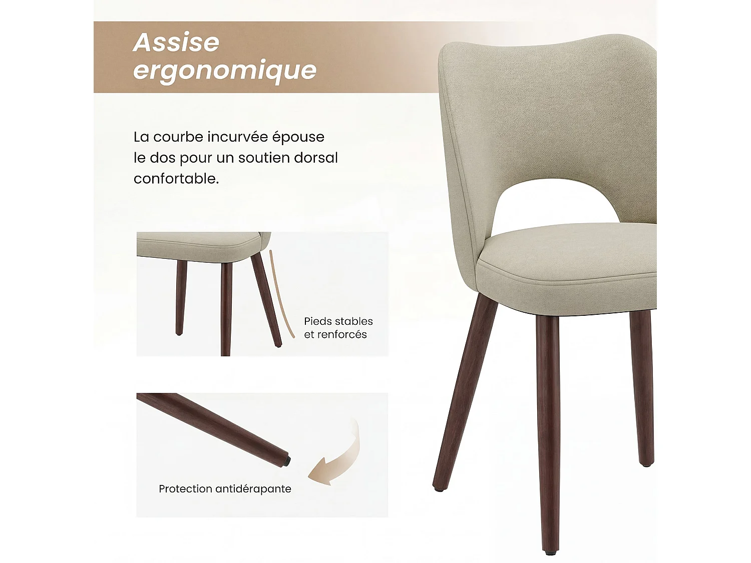 Set van 2 stoffen eetkamerstoelen met gebogen open rugleuning, dikke gevoerde zitting, massief houten poten, donkerbeige