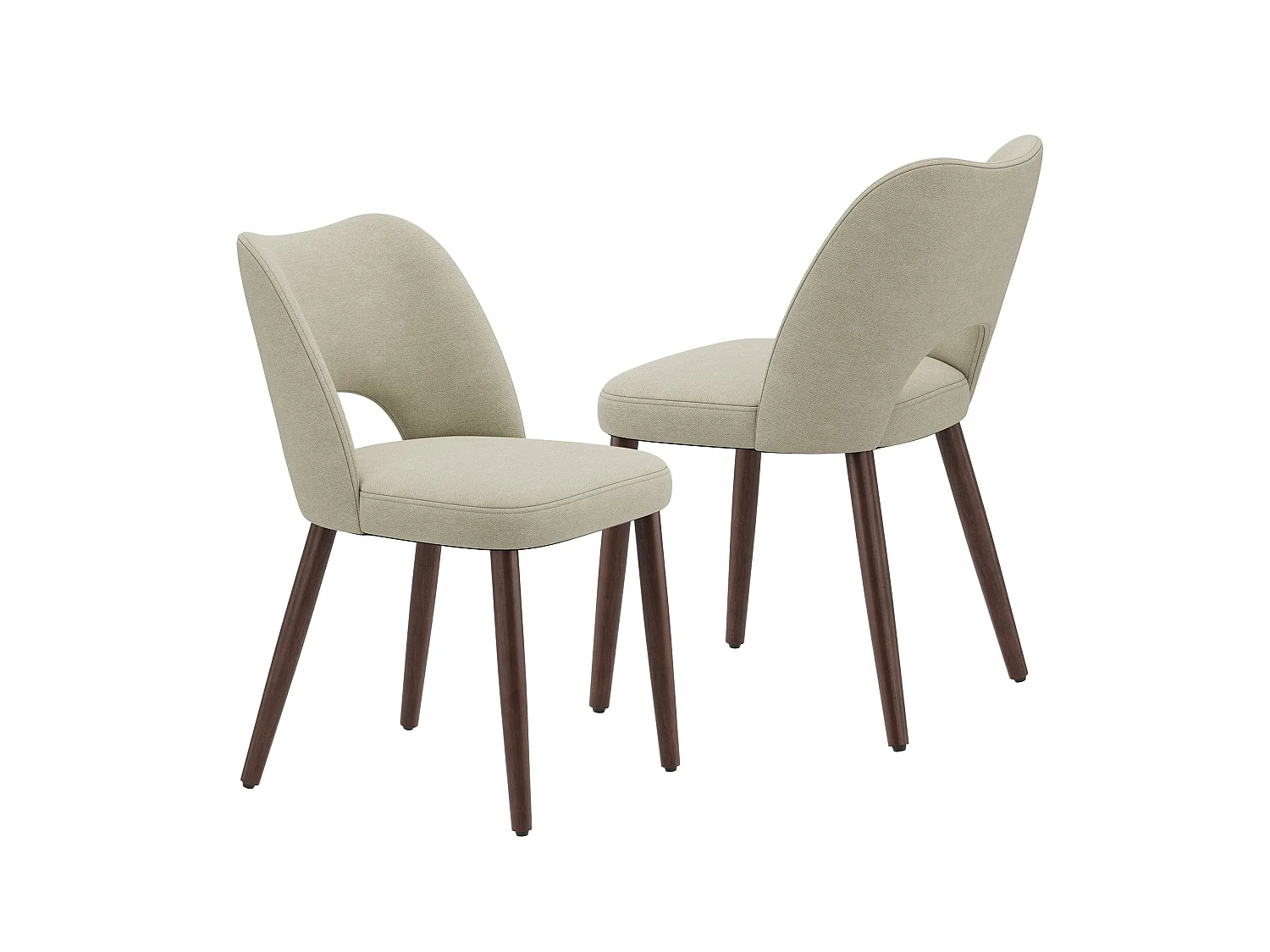 Set van 2 stoffen eetkamerstoelen met gebogen open rugleuning, dikke gevoerde zitting, massief houten poten, donkerbeige