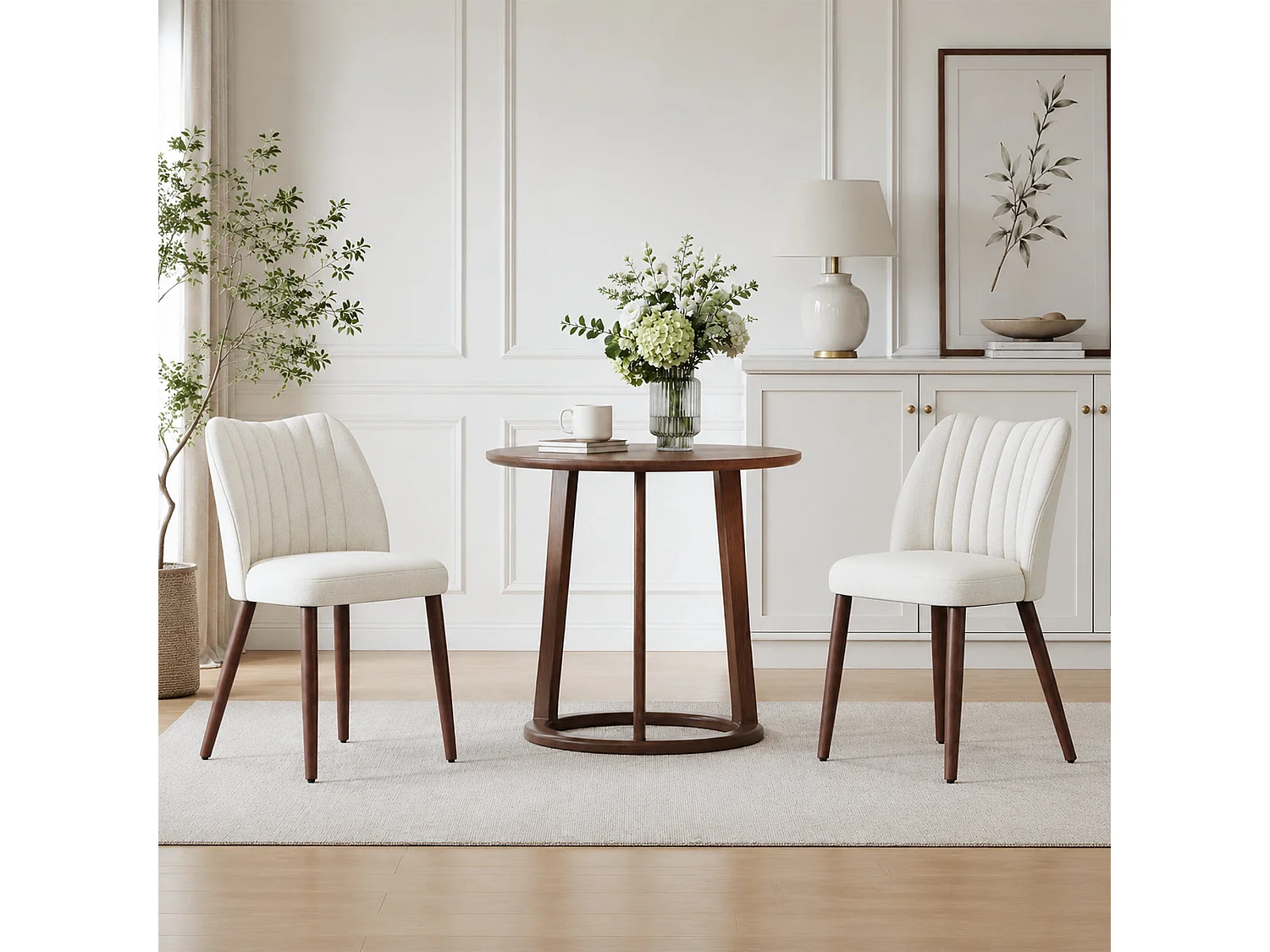 Set van 2 gestoffeerde eetkamerstoelen, dik zitkussen en antislipvoetjes, Beige