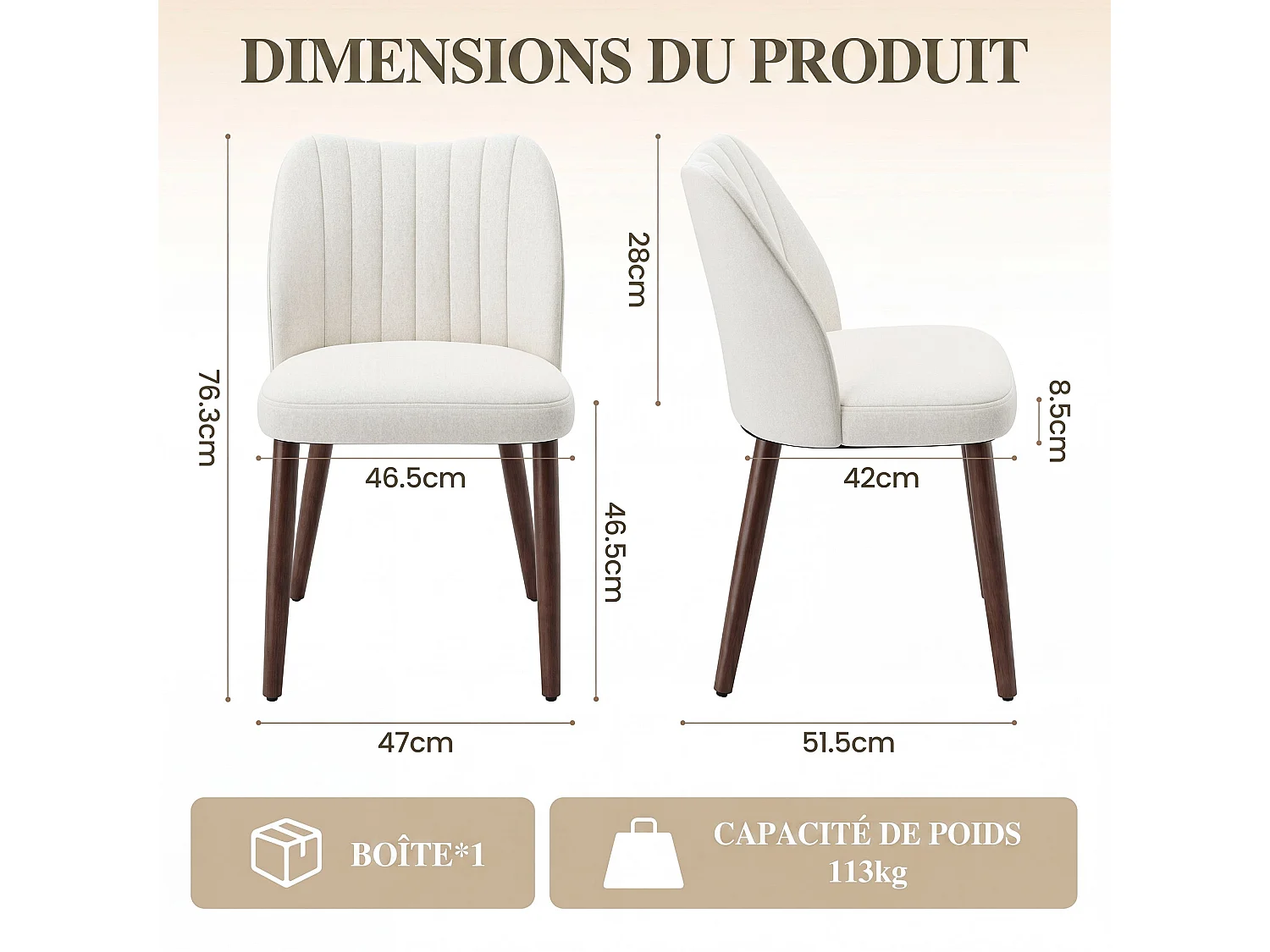 Set van 2 gestoffeerde eetkamerstoelen, dik zitkussen en antislipvoetjes, Beige