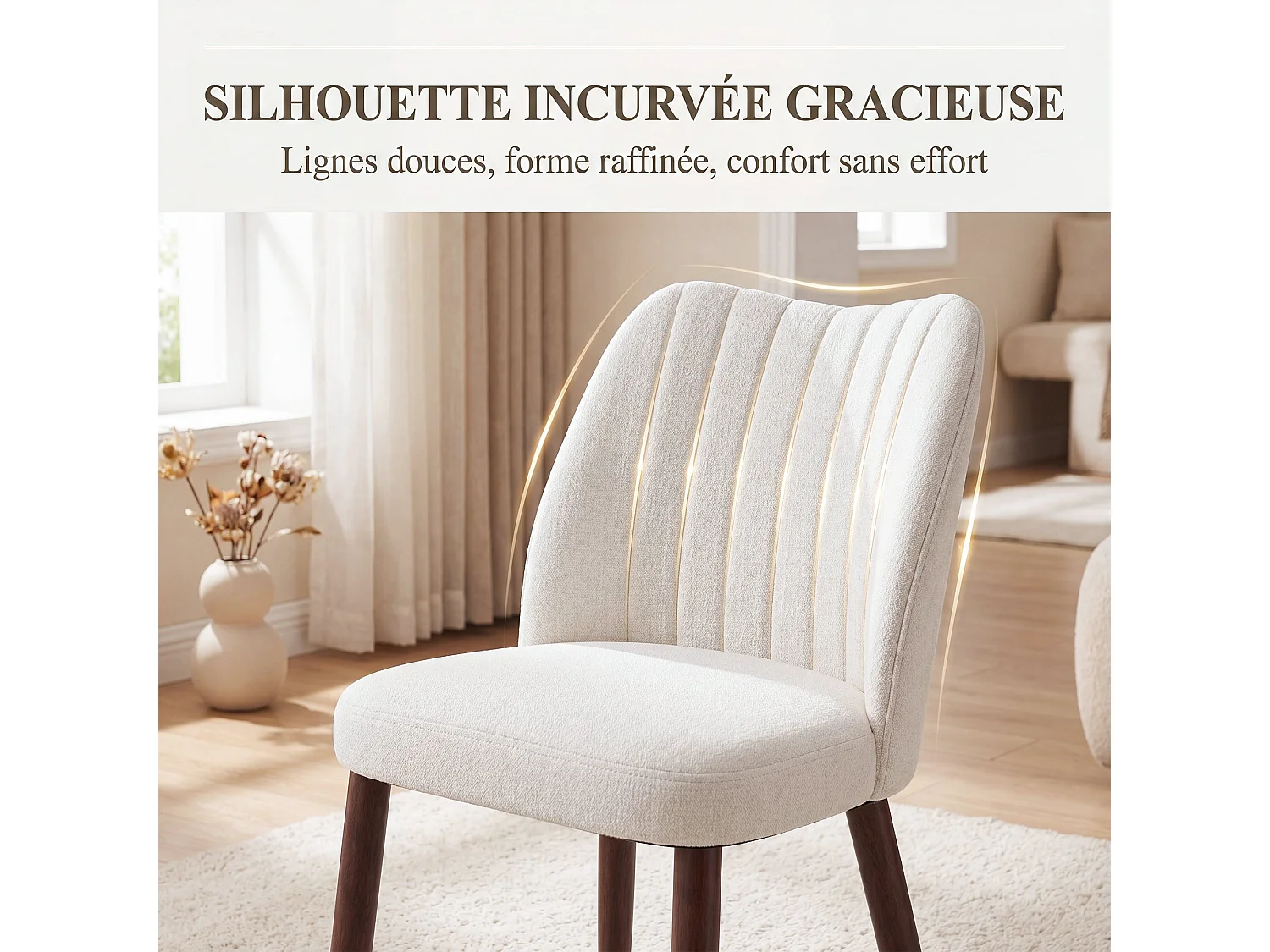 Set van 2 gestoffeerde eetkamerstoelen, dik zitkussen en antislipvoetjes, Beige