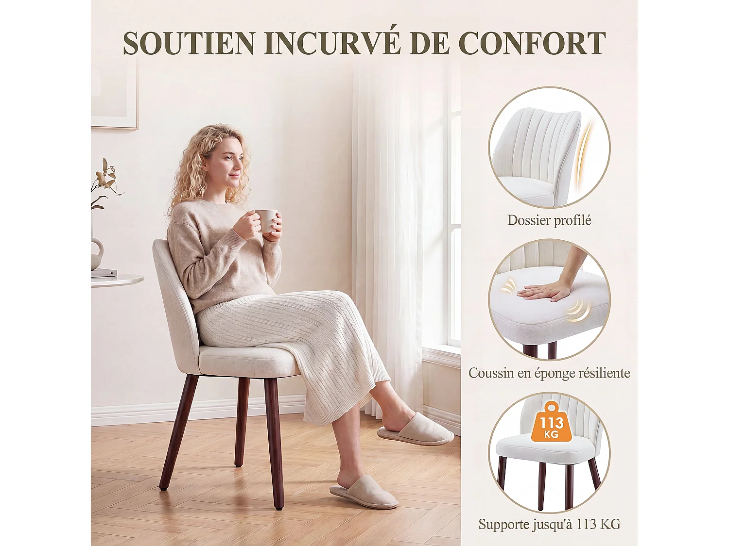 Set van 2 gestoffeerde eetkamerstoelen, dik zitkussen en antislipvoetjes, Beige
