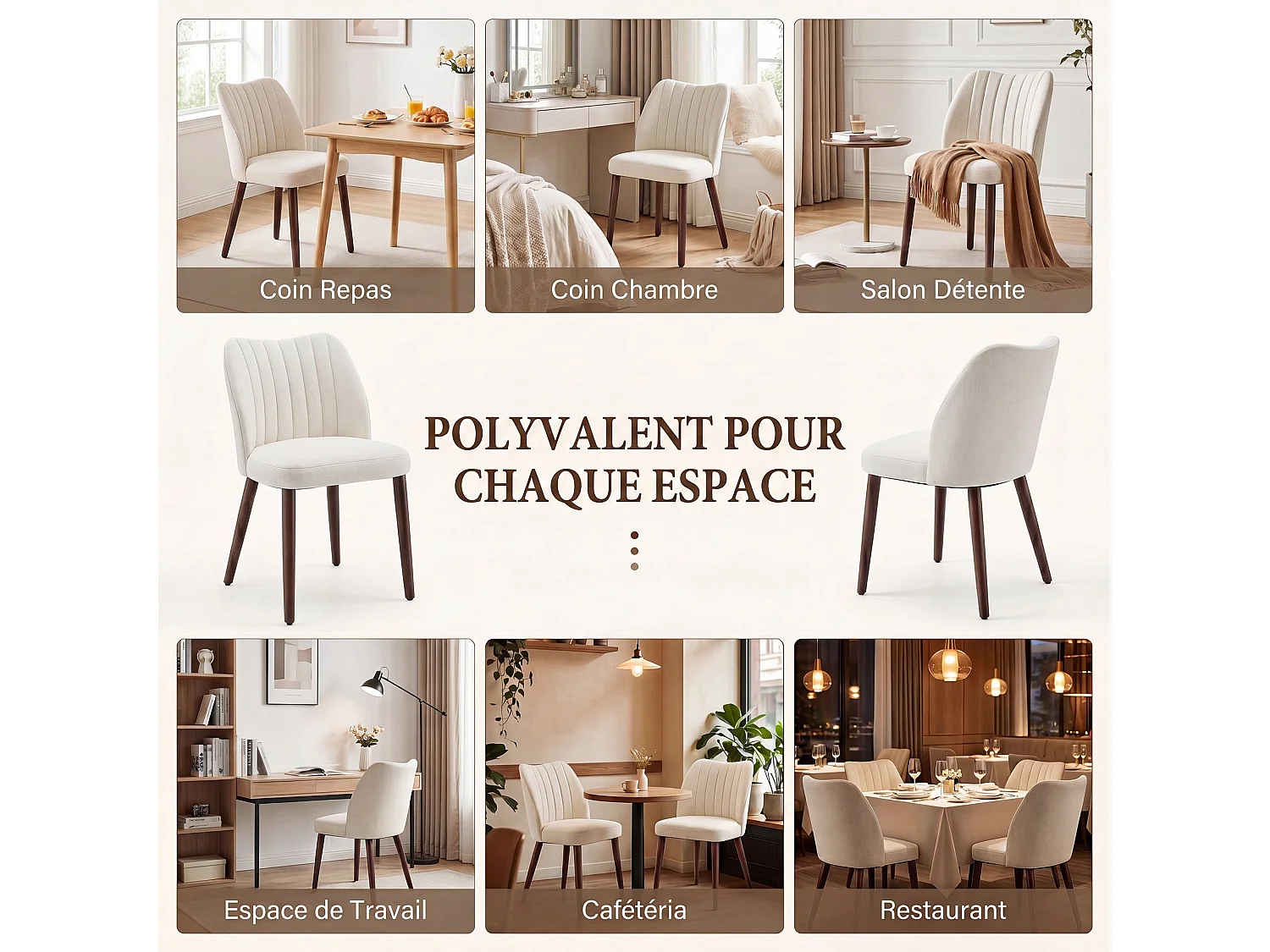 Set van 2 gestoffeerde eetkamerstoelen, dik zitkussen en antislipvoetjes, Beige