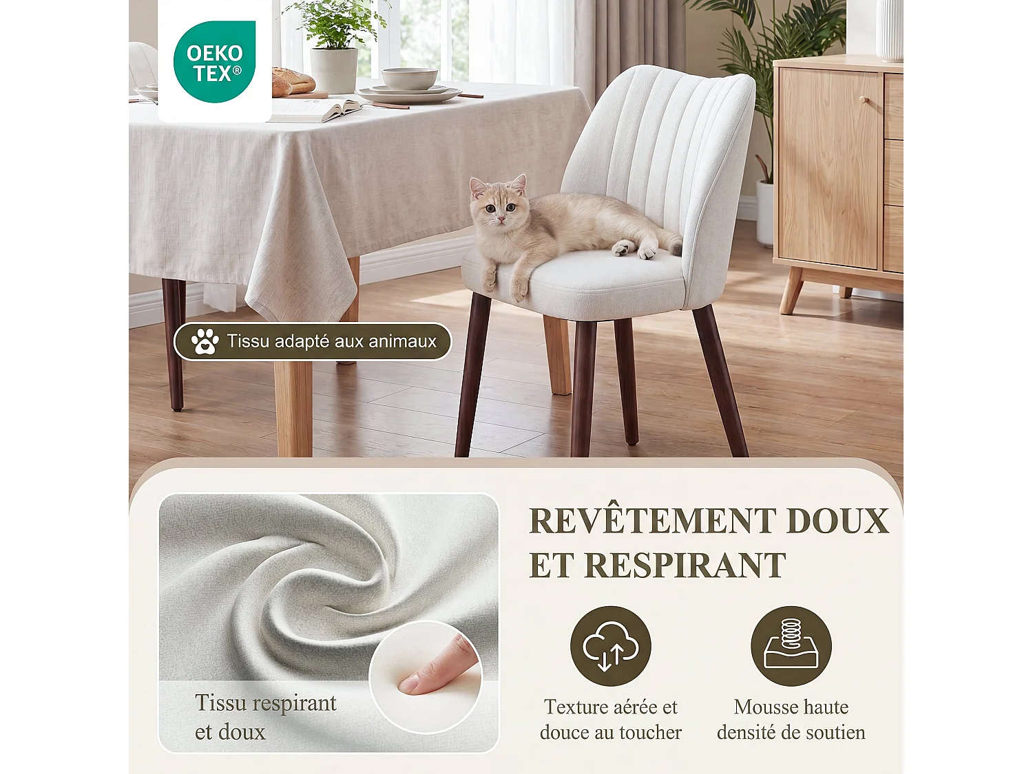 Set van 2 gestoffeerde eetkamerstoelen, dik zitkussen en antislipvoetjes, Beige