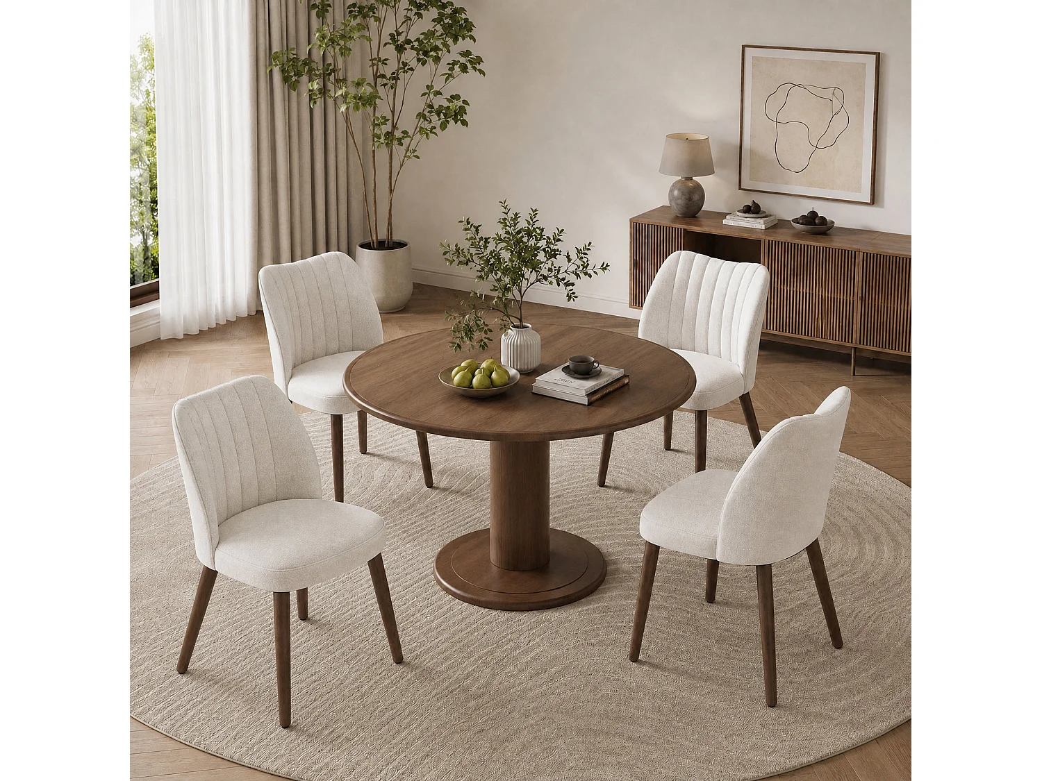 Set van 2 gestoffeerde eetkamerstoelen, dik zitkussen en antislipvoetjes, Beige