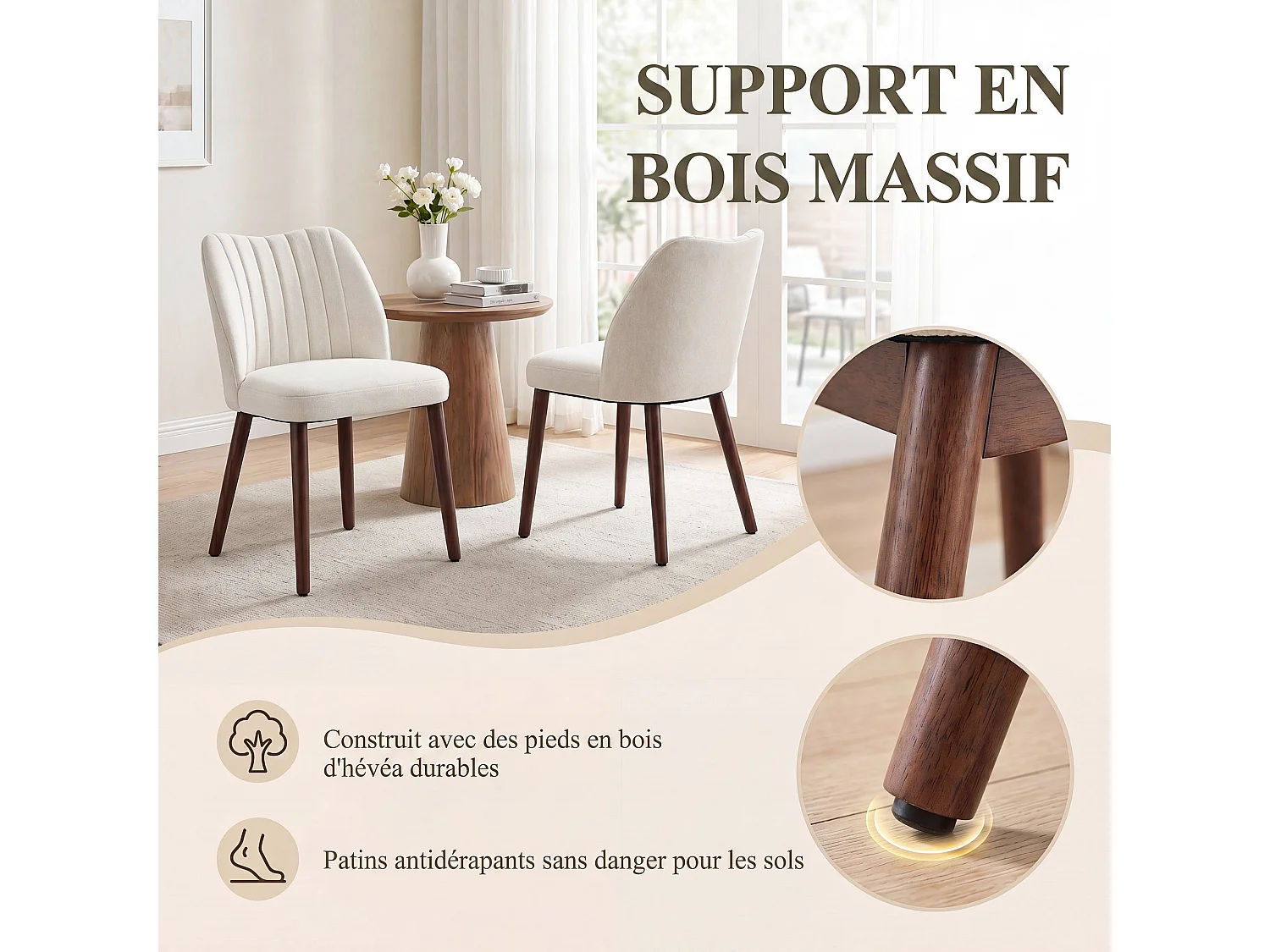 Set van 2 gestoffeerde eetkamerstoelen, dik zitkussen en antislipvoetjes, Beige