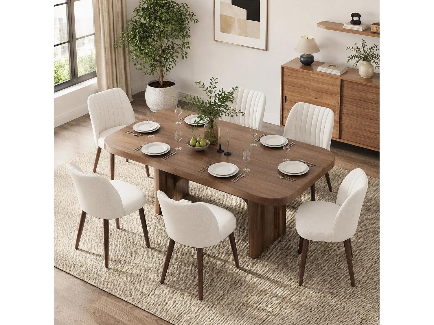 Set van 2 gestoffeerde eetkamerstoelen, dik zitkussen en antislipvoetjes, Beige