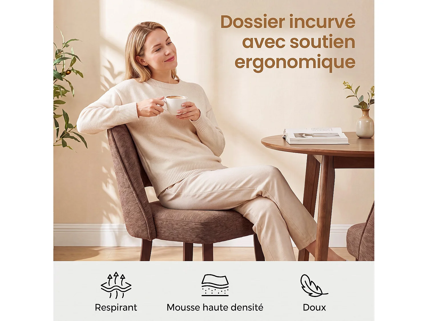 Lot de 2 Chaises de Salle à Manger avec Pieds en Bois Massif, Assise Rembourrée et Dossier Ergonomique Courbé, Rouge