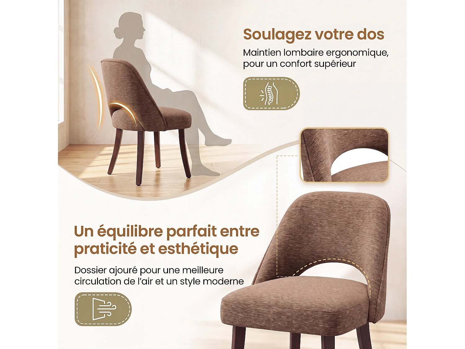 Lot de 2 Chaises de Salle à Manger avec Pieds en Bois Massif, Assise Rembourrée et Dossier Ergonomique Courbé, Rouge