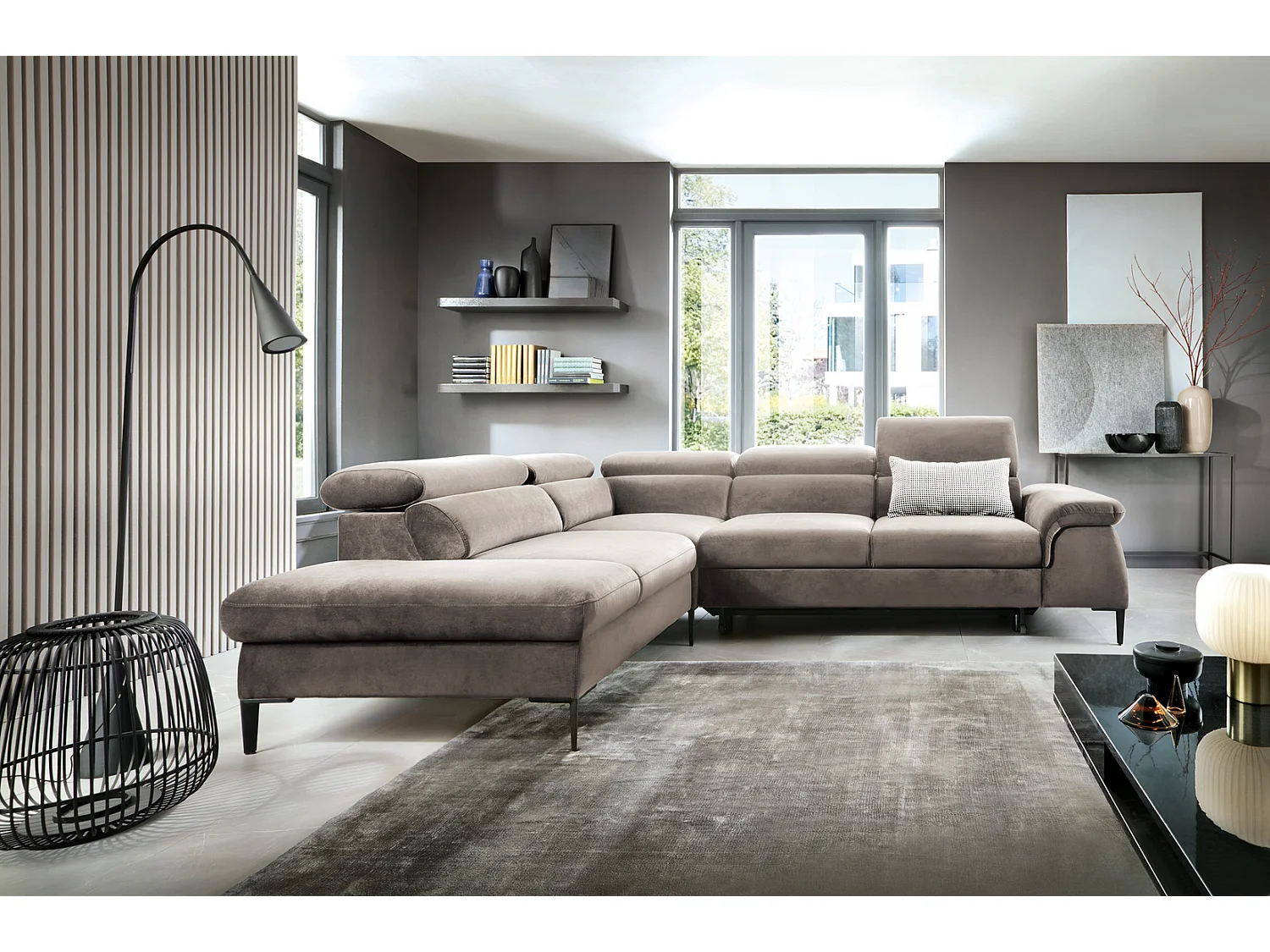 Canapé d'angle 280 cm Amaro L, têtières réglables, coffre de rangement, 5 places, gauche, Beige foncé