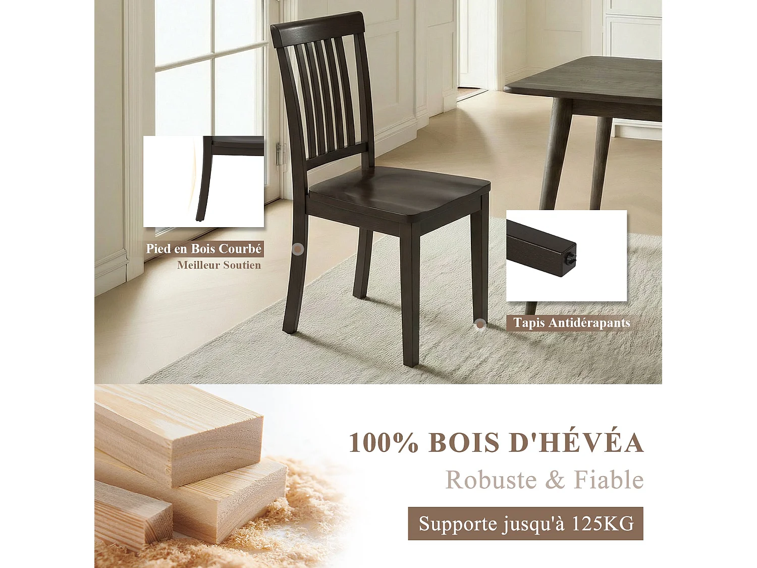 Set van 2 moderne eetkamerstoelen – gevoerde zitting, houten poten - Donker chocoladebruin