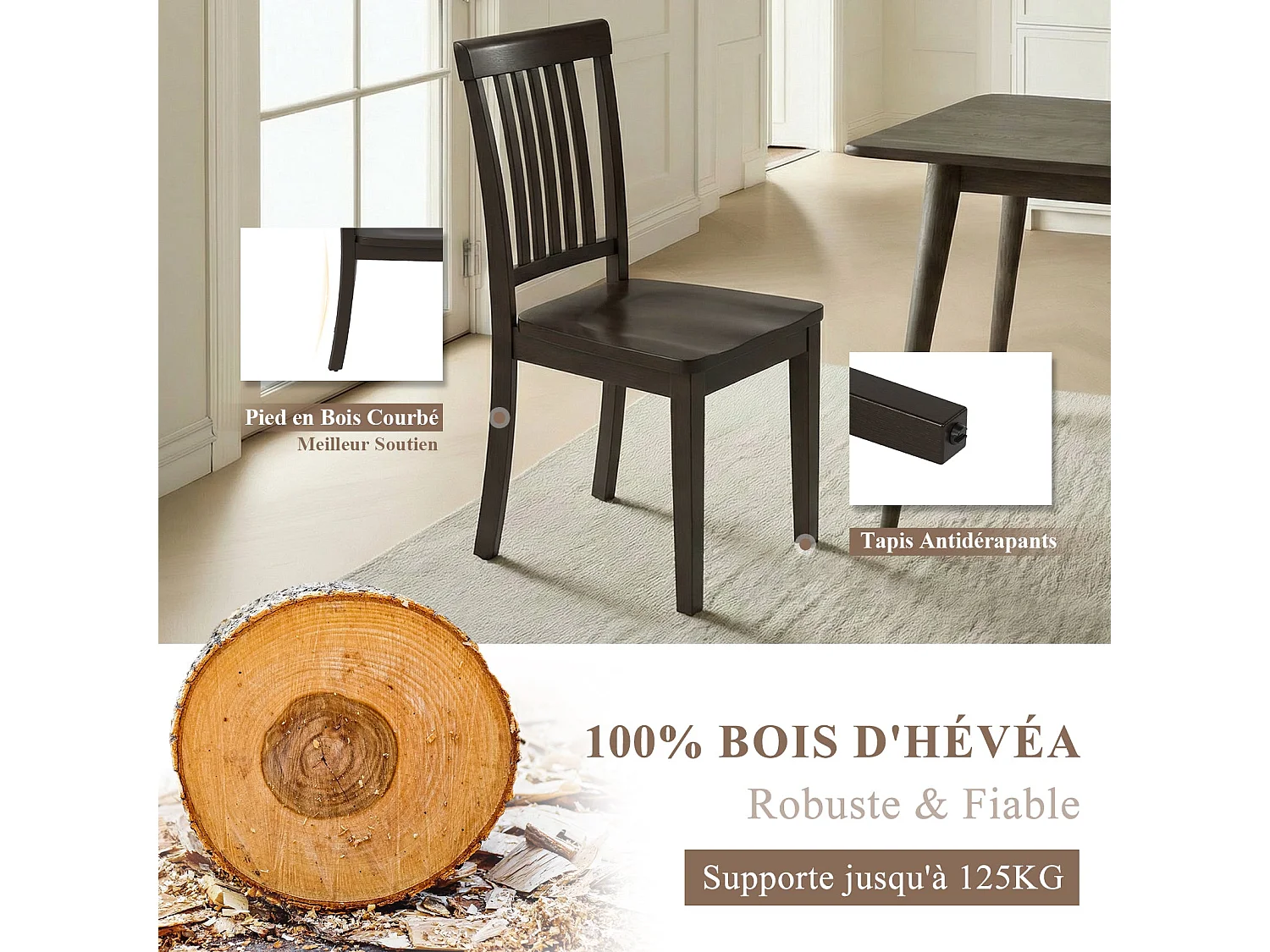 Set van 2 moderne eetkamerstoelen – gevoerde zitting, houten poten - Donker chocoladebruin