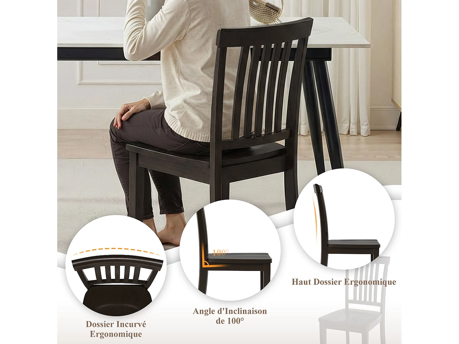 Set van 2 moderne eetkamerstoelen – gevoerde zitting, houten poten - Donker chocoladebruin