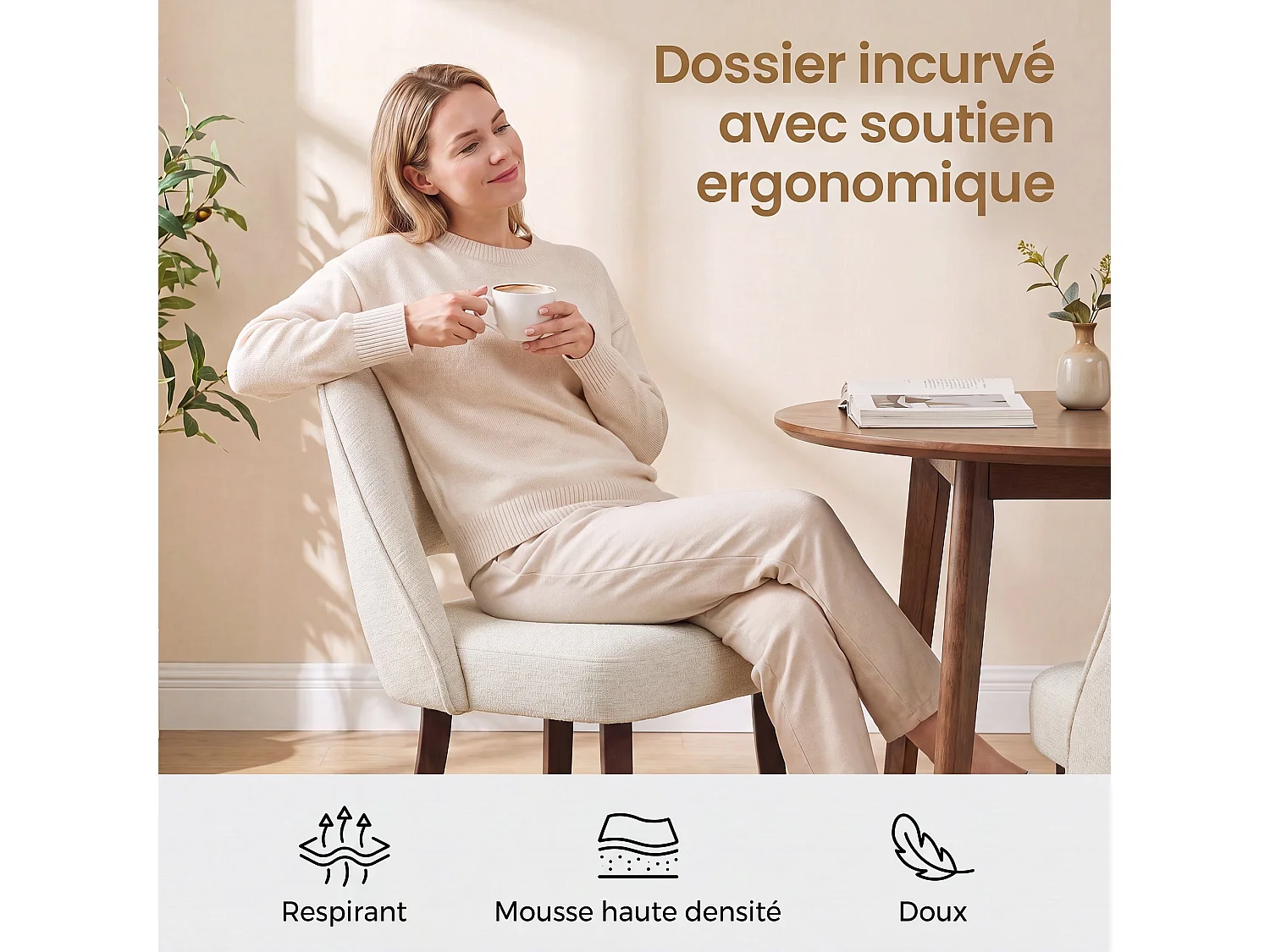 Lot de 2 Chaises de Salle à Manger avec Pieds en Bois Massif, Assise Rembourrée et Dossier Ergonomique Courbé, Beige